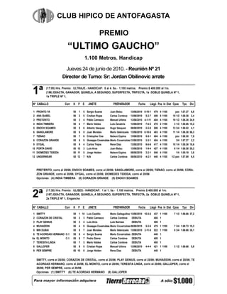 CLUB HIPICO DE ANTOFAGASTA

                                                       PREMIO
                            “ULTIMO GAUCHO”
                                          1.100 Metros. Handicap

                          Jueves 24 de junio de 2010. - Reunión Nº 21
                        Director de Turno: Sr: Jordan Obilinovic arrate


1ª          (17:00) Hrs. Premio : ULTRAJE.- HANDICAP: 5 al 4. 5a.- 1.100 metros. Premio $ 400.000 al 1ro.
            (196) EXACTA, GANADOR, QUINELA, A SEGUNDO, SUPERFECTA, TRIFECTA, 1a DOBLE QUINELA Nº 1,
            1a TRIPLE Nº 1,

Nº CABALLO                Corr   K P E        JINETE                PREPARADOR            Fecha     Llegó Pes In Dist Cpos           Tpo Div

 1   PRONTO YA                   55 1    5   Sergio Suarez        Juan Belzu        13/06/2010 8-10-1   479   4   1100       pzo    1.07.37    6,6
 2   ANA ISABEL                  56 2    5   Crsitian Rojas       Carlos Cordova 13/06/2010 5-2-7       406   5   1100    10 1/2    1.06.36    2,4
 3   PRETERITO                   55 3    4   Pablo Carrasco       Manuel Urbina     13/06/2010 4-1-11   404   4   1100    19 1/2    1.06.36   34,9
 4   INDIA TIMBERA               55 4    7   Mario Valdes         Luis Zanabria     13/06/2010 7-6-3    470   4   1100      3 1/2   1.06.66   10,2
 5   ENOCH SOAMES                55 5    6   Alberto Vasquez      Hugo Vasquez      06/06/2010 2-2-8    506   4   1100    13 3/4    1.06.02    4,1
 6   SANGLAMORE                  55 6    5   Juan Morales         Mario Valenzuela 13/06/2010 8-10-8    483   4   1100    11 1/4    1.06.36   56,3
 7   TIZNAO                      55 7    6   Cristopher Cea       Nelson Espina     13/06/2010 5-5-1    404   4   1100       pzo    1.08.30    7,9
 8   CORAZON GRANDE              55 8    5   Giuseppe Covarrubias Mario Covarrubias 13/06/2010 3-3-1    454   4   1100        3/4   1.07.27    2,2
 9   DYGAL                       55 9    4   Carlos Trejos        Rene Diaz         13/06/2010 8-6-6    417   4   1100    10 1/4    1.06.36   18,6
10   PORTA DAVID                 55 10   3   Luis Aros            Juan Belzu        13/06/2010 1-9-4    427   4   1100      6 1/4   1.06.36   20,3
11   DIOMEDES TIDEIDA            55 11   5   Jorge Heiden         Nelson Espina     06/06/2010 3-2-1    546   4   1100        1/4   1.08.19    3,6
12   UNDERWEAR                   55 12   7   N,N                  Carlos Cordova 06/06/2010 4-2-1       440   4   1100   1/2 pzo    1.07.69    6,5



     PRETERITO, corre el 20/06; ENOCH SOAMES, corre el 20/06; SANGLAMORE, corre el 20/06; TIZNAO, corre el 20/06; CORA-
     ZON GRANDE, corre el 20/06; DYGAL, corre el 20/06; DIOMEDES TIDEIDA, corre el 20/06
     Opciones : (4) INDIA TIMBERA (8) CORAZON GRANDE (5) ENOCH SOAMES




2ª
            (17:30) Hrs. Premio : ULISES.- HANDICAP: 1 al 1. 5a.- 1.100 metros. Premio $ 400.000 al 1ro.
            (197) EXACTA, GANADOR, QUINELA, A SEGUNDO, SUPERFECTA, TRIFECTA, 2a DOBLE QUINELA Nº 1,
            2a TRIPLE Nº 1, Enganche


Nº CABALLO                Corr   K P E        JINETE                PREPARADOR            Fecha     Llegó Pes In Dist Cpos           Tpo Div
 1   SMITTY                      55 1 10 Luis Castillo       Mario Galleguillos 13/06/2010 10-5-6       437   1   1100     7 1/2 1.06.66 37,2
 2   CORAZON DE CRISTAL          55 2 3 Pablo Carrasco       Carlos Cordova      DEBUTA                 400   1
 3   PLAY GENIUS                 55 3 4 Luis Aros            Luis Barraza        DEBUTA                 400   1
 4   MUHAEIDIN                   55 4 8 Giuseppe Covarrubias Mario Covarrubias 06/06/2010 5-2-6         475   1   1100     7 3/4 1.06.73 15,3
 5   MIN DUBAI                   55 5 7 Juan Morales         Mario Valenzuela 13/06/2010 2-11-8         522   1   1100     8 3/4 1.06.66 30,1
 6   TE ACORDAS HERMANO C-1      55 6 4 Sergio Suarez        Mario Covarrubias DEBUTA                   440   1
6a   EL MONITO          C-1      55 8 7 Pedro Sierra         Carlos Cordova      DEBUTA                 400   1
 7   TERESITA LINDA              55 7 3 Mario Valdes         Carlos Cordova      DEBUTA                 400   1
 8   GALLOPER                    55 9 5 Cristian Rojas       Manuel Urbina      13/06/2010 4-4-4        421   1   1100     3 1/2 1.06.66 5,8
 9   PER SEMPRE                  55 10 8 Jorge Heiden        Rene Diaz           DEBUTA                 440   1


     SMITTY, corre el 20/06; CORAZON DE CRISTAL, corre el 20/06; PLAY GENIUS, corre el 20/06; MUHAEIDIN, corre el 20/06; TE
     ACORDAS HERMANO, corre el 20/06; EL MONITO, corre el 20/06; TERESITA LINDA, corre el 20/06; GALLOPER, corre el
     20/06; PER SEMPRE, corre el 20/06
     Opciones : (1) SMITTY (6) TE ACORDAS HERMANO (8) GALLOPER
 