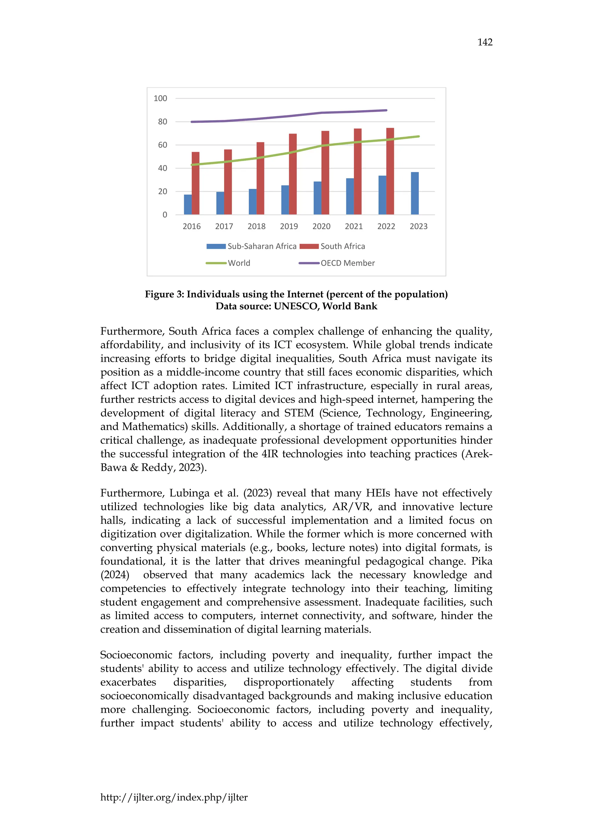 142
http://ijlter.org/index.php/ijlter
Figure 3: Individuals using the Internet (percent of the population)
Data source: UNESCO, World Bank
Furthermore, South Africa faces a complex challenge of enhancing the quality,
affordability, and inclusivity of its ICT ecosystem. While global trends indicate
increasing efforts to bridge digital inequalities, South Africa must navigate its
position as a middle-income country that still faces economic disparities, which
affect ICT adoption rates. Limited ICT infrastructure, especially in rural areas,
further restricts access to digital devices and high-speed internet, hampering the
development of digital literacy and STEM (Science, Technology, Engineering,
and Mathematics) skills. Additionally, a shortage of trained educators remains a
critical challenge, as inadequate professional development opportunities hinder
the successful integration of the 4IR technologies into teaching practices (Arek-
Bawa & Reddy, 2023).
Furthermore, Lubinga et al. (2023) reveal that many HEIs have not effectively
utilized technologies like big data analytics, AR/VR, and innovative lecture
halls, indicating a lack of successful implementation and a limited focus on
digitization over digitalization. While the former which is more concerned with
converting physical materials (e.g., books, lecture notes) into digital formats, is
foundational, it is the latter that drives meaningful pedagogical change. Pika
(2024) observed that many academics lack the necessary knowledge and
competencies to effectively integrate technology into their teaching, limiting
student engagement and comprehensive assessment. Inadequate facilities, such
as limited access to computers, internet connectivity, and software, hinder the
creation and dissemination of digital learning materials.
Socioeconomic factors, including poverty and inequality, further impact the
students' ability to access and utilize technology effectively. The digital divide
exacerbates disparities, disproportionately affecting students from
socioeconomically disadvantaged backgrounds and making inclusive education
more challenging. Socioeconomic factors, including poverty and inequality,
further impact students' ability to access and utilize technology effectively,
0
20
40
60
80
100
2016 2017 2018 2019 2020 2021 2022 2023
Sub-Saharan Africa South Africa
World OECD Member
 