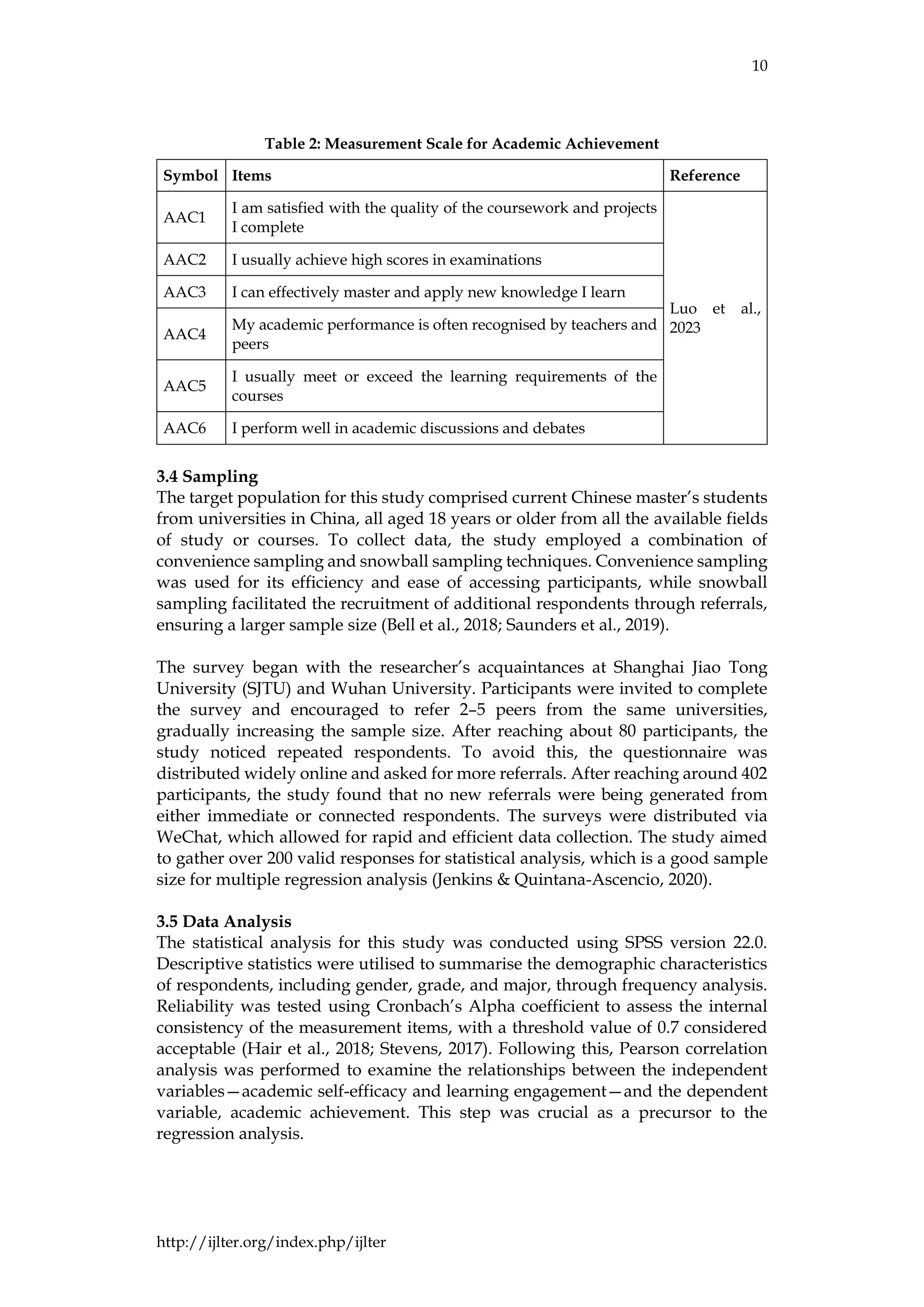 10
http://ijlter.org/index.php/ijlter
Table 2: Measurement Scale for Academic Achievement
Symbol Items Reference
AAC1
I am satisfied with the quality of the coursework and projects
I complete
Luo et al.,
2023
AAC2 I usually achieve high scores in examinations
AAC3 I can effectively master and apply new knowledge I learn
AAC4
My academic performance is often recognised by teachers and
peers
AAC5
I usually meet or exceed the learning requirements of the
courses
AAC6 I perform well in academic discussions and debates
3.4 Sampling
The target population for this study comprised current Chinese master’s students
from universities in China, all aged 18 years or older from all the available fields
of study or courses. To collect data, the study employed a combination of
convenience sampling and snowball sampling techniques. Convenience sampling
was used for its efficiency and ease of accessing participants, while snowball
sampling facilitated the recruitment of additional respondents through referrals,
ensuring a larger sample size (Bell et al., 2018; Saunders et al., 2019).
The survey began with the researcher’s acquaintances at Shanghai Jiao Tong
University (SJTU) and Wuhan University. Participants were invited to complete
the survey and encouraged to refer 2–5 peers from the same universities,
gradually increasing the sample size. After reaching about 80 participants, the
study noticed repeated respondents. To avoid this, the questionnaire was
distributed widely online and asked for more referrals. After reaching around 402
participants, the study found that no new referrals were being generated from
either immediate or connected respondents. The surveys were distributed via
WeChat, which allowed for rapid and efficient data collection. The study aimed
to gather over 200 valid responses for statistical analysis, which is a good sample
size for multiple regression analysis (Jenkins & Quintana-Ascencio, 2020).
3.5 Data Analysis
The statistical analysis for this study was conducted using SPSS version 22.0.
Descriptive statistics were utilised to summarise the demographic characteristics
of respondents, including gender, grade, and major, through frequency analysis.
Reliability was tested using Cronbach’s Alpha coefficient to assess the internal
consistency of the measurement items, with a threshold value of 0.7 considered
acceptable (Hair et al., 2018; Stevens, 2017). Following this, Pearson correlation
analysis was performed to examine the relationships between the independent
variables—academic self-efficacy and learning engagement—and the dependent
variable, academic achievement. This step was crucial as a precursor to the
regression analysis.
 