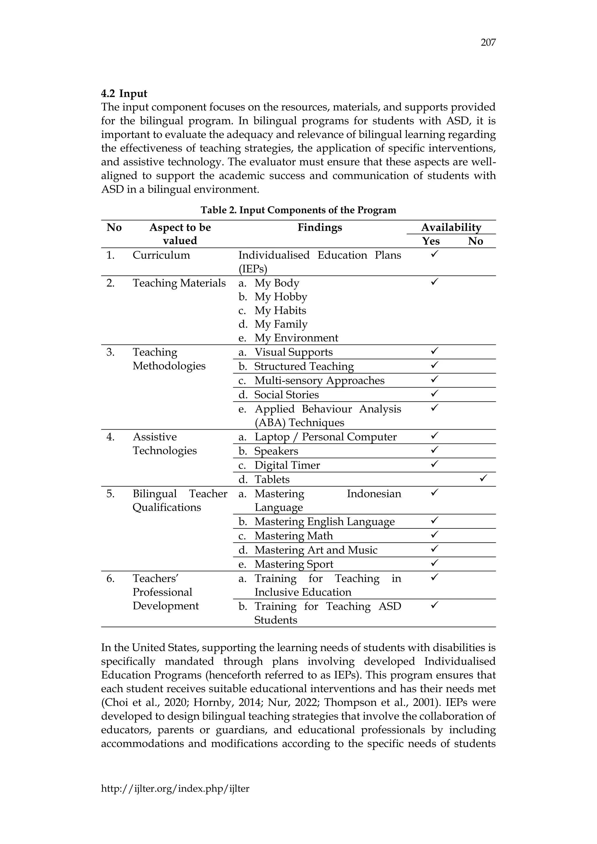 207
http://ijlter.org/index.php/ijlter
4.2 Input
The input component focuses on the resources, materials, and supports provided
for the bilingual program. In bilingual programs for students with ASD, it is
important to evaluate the adequacy and relevance of bilingual learning regarding
the effectiveness of teaching strategies, the application of specific interventions,
and assistive technology. The evaluator must ensure that these aspects are well-
aligned to support the academic success and communication of students with
ASD in a bilingual environment.
Table 2. Input Components of the Program
No Aspect to be
valued
Findings Availability
Yes No
1. Curriculum Individualised Education Plans
(IEPs)
✓
2. Teaching Materials a. My Body
b. My Hobby
c. My Habits
d. My Family
e. My Environment
✓
3. Teaching
Methodologies
a. Visual Supports ✓
b. Structured Teaching ✓
c. Multi-sensory Approaches ✓
d. Social Stories ✓
e. Applied Behaviour Analysis
(ABA) Techniques
✓
4. Assistive
Technologies
a. Laptop / Personal Computer ✓
b. Speakers ✓
c. Digital Timer ✓
d. Tablets ✓
5. Bilingual Teacher
Qualifications
a. Mastering Indonesian
Language
✓
b. Mastering English Language ✓
c. Mastering Math ✓
d. Mastering Art and Music ✓
e. Mastering Sport ✓
6. Teachers’
Professional
Development
a. Training for Teaching in
Inclusive Education
✓
b. Training for Teaching ASD
Students
✓
In the United States, supporting the learning needs of students with disabilities is
specifically mandated through plans involving developed Individualised
Education Programs (henceforth referred to as IEPs). This program ensures that
each student receives suitable educational interventions and has their needs met
(Choi et al., 2020; Hornby, 2014; Nur, 2022; Thompson et al., 2001). IEPs were
developed to design bilingual teaching strategies that involve the collaboration of
educators, parents or guardians, and educational professionals by including
accommodations and modifications according to the specific needs of students
 