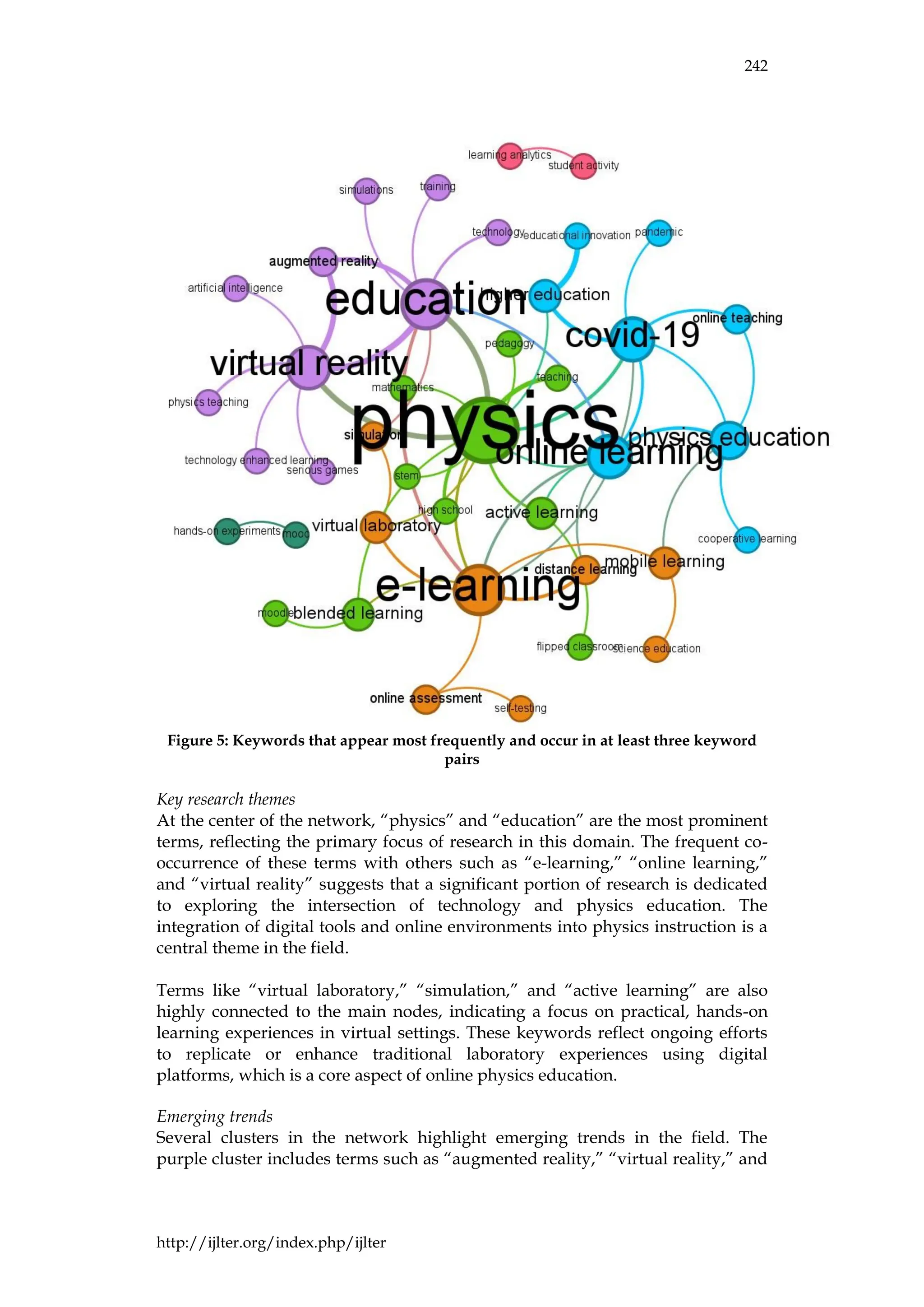 242
http://ijlter.org/index.php/ijlter
Figure 5: Keywords that appear most frequently and occur in at least three keyword
pairs
Key research themes
At the center of the network, “physics” and “education” are the most prominent
terms, reflecting the primary focus of research in this domain. The frequent co-
occurrence of these terms with others such as “e-learning,” “online learning,”
and “virtual reality” suggests that a significant portion of research is dedicated
to exploring the intersection of technology and physics education. The
integration of digital tools and online environments into physics instruction is a
central theme in the field.
Terms like “virtual laboratory,” “simulation,” and “active learning” are also
highly connected to the main nodes, indicating a focus on practical, hands-on
learning experiences in virtual settings. These keywords reflect ongoing efforts
to replicate or enhance traditional laboratory experiences using digital
platforms, which is a core aspect of online physics education.
Emerging trends
Several clusters in the network highlight emerging trends in the field. The
purple cluster includes terms such as “augmented reality,” “virtual reality,” and
 