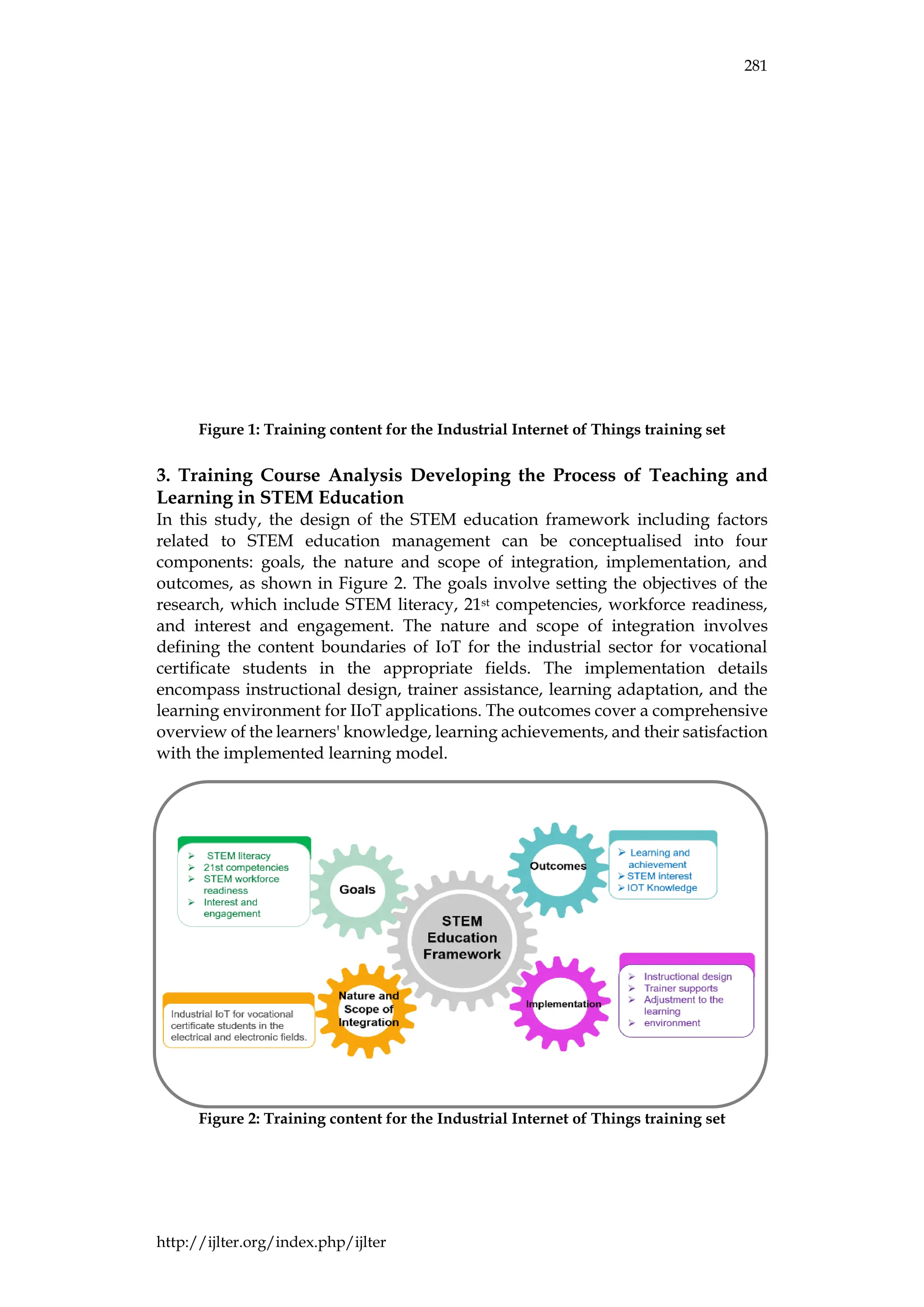 281
http://ijlter.org/index.php/ijlter
Figure 1: Training content for the Industrial Internet of Things training set
3. Training Course Analysis Developing the Process of Teaching and
Learning in STEM Education
In this study, the design of the STEM education framework including factors
related to STEM education management can be conceptualised into four
components: goals, the nature and scope of integration, implementation, and
outcomes, as shown in Figure 2. The goals involve setting the objectives of the
research, which include STEM literacy, 21st competencies, workforce readiness,
and interest and engagement. The nature and scope of integration involves
defining the content boundaries of IoT for the industrial sector for vocational
certificate students in the appropriate fields. The implementation details
encompass instructional design, trainer assistance, learning adaptation, and the
learning environment for IIoT applications. The outcomes cover a comprehensive
overview of the learners' knowledge, learning achievements, and their satisfaction
with the implemented learning model.
Figure 2: Training content for the Industrial Internet of Things training set
 