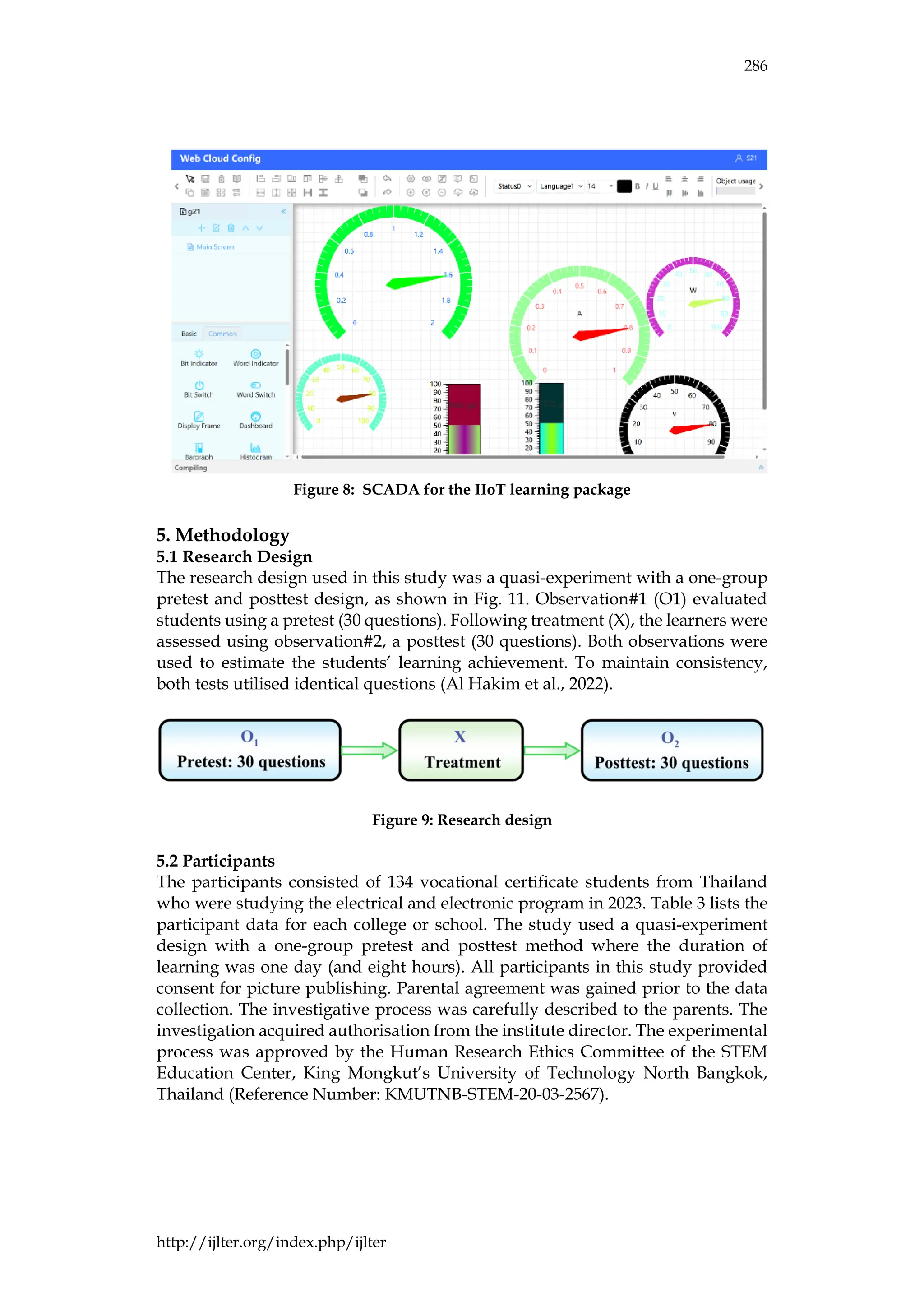 286
http://ijlter.org/index.php/ijlter
Figure 8: SCADA for the IIoT learning package
5. Methodology
5.1 Research Design
The research design used in this study was a quasi-experiment with a one-group
pretest and posttest design, as shown in Fig. 11. Observation#1 (O1) evaluated
students using a pretest (30 questions). Following treatment (X), the learners were
assessed using observation#2, a posttest (30 questions). Both observations were
used to estimate the students’ learning achievement. To maintain consistency,
both tests utilised identical questions (Al Hakim et al., 2022).
Figure 9: Research design
5.2 Participants
The participants consisted of 134 vocational certificate students from Thailand
who were studying the electrical and electronic program in 2023. Table 3 lists the
participant data for each college or school. The study used a quasi-experiment
design with a one-group pretest and posttest method where the duration of
learning was one day (and eight hours). All participants in this study provided
consent for picture publishing. Parental agreement was gained prior to the data
collection. The investigative process was carefully described to the parents. The
investigation acquired authorisation from the institute director. The experimental
process was approved by the Human Research Ethics Committee of the STEM
Education Center, King Mongkut’s University of Technology North Bangkok,
Thailand (Reference Number: KMUTNB-STEM-20-03-2567).
 