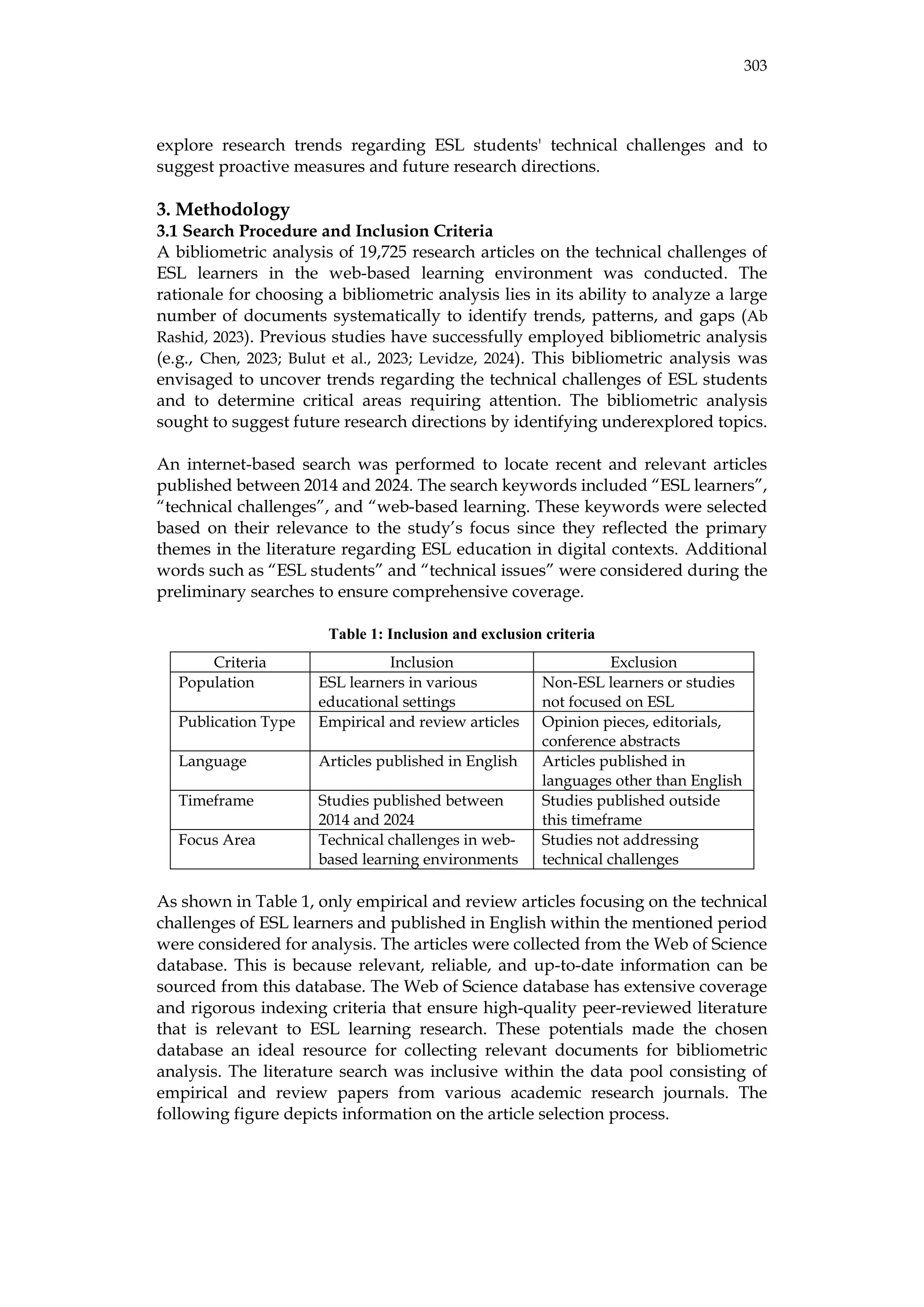 303
explore research trends regarding ESL students' technical challenges and to
suggest proactive measures and future research directions.
3. Methodology
3.1 Search Procedure and Inclusion Criteria
A bibliometric analysis of 19,725 research articles on the technical challenges of
ESL learners in the web-based learning environment was conducted. The
rationale for choosing a bibliometric analysis lies in its ability to analyze a large
number of documents systematically to identify trends, patterns, and gaps (Ab
Rashid, 2023). Previous studies have successfully employed bibliometric analysis
(e.g., Chen, 2023; Bulut et al., 2023; Levidze, 2024). This bibliometric analysis was
envisaged to uncover trends regarding the technical challenges of ESL students
and to determine critical areas requiring attention. The bibliometric analysis
sought to suggest future research directions by identifying underexplored topics.
An internet-based search was performed to locate recent and relevant articles
published between 2014 and 2024. The search keywords included “ESL learners”,
“technical challenges”, and “web-based learning. These keywords were selected
based on their relevance to the study’s focus since they reflected the primary
themes in the literature regarding ESL education in digital contexts. Additional
words such as “ESL students” and “technical issues” were considered during the
preliminary searches to ensure comprehensive coverage.
Table 1: Inclusion and exclusion criteria
Criteria Inclusion Exclusion
Population ESL learners in various
educational settings
Non-ESL learners or studies
not focused on ESL
Publication Type Empirical and review articles Opinion pieces, editorials,
conference abstracts
Language Articles published in English Articles published in
languages other than English
Timeframe Studies published between
2014 and 2024
Studies published outside
this timeframe
Focus Area Technical challenges in web-
based learning environments
Studies not addressing
technical challenges
As shown in Table 1, only empirical and review articles focusing on the technical
challenges of ESL learners and published in English within the mentioned period
were considered for analysis. The articles were collected from the Web of Science
database. This is because relevant, reliable, and up-to-date information can be
sourced from this database. The Web of Science database has extensive coverage
and rigorous indexing criteria that ensure high-quality peer-reviewed literature
that is relevant to ESL learning research. These potentials made the chosen
database an ideal resource for collecting relevant documents for bibliometric
analysis. The literature search was inclusive within the data pool consisting of
empirical and review papers from various academic research journals. The
following figure depicts information on the article selection process.
 