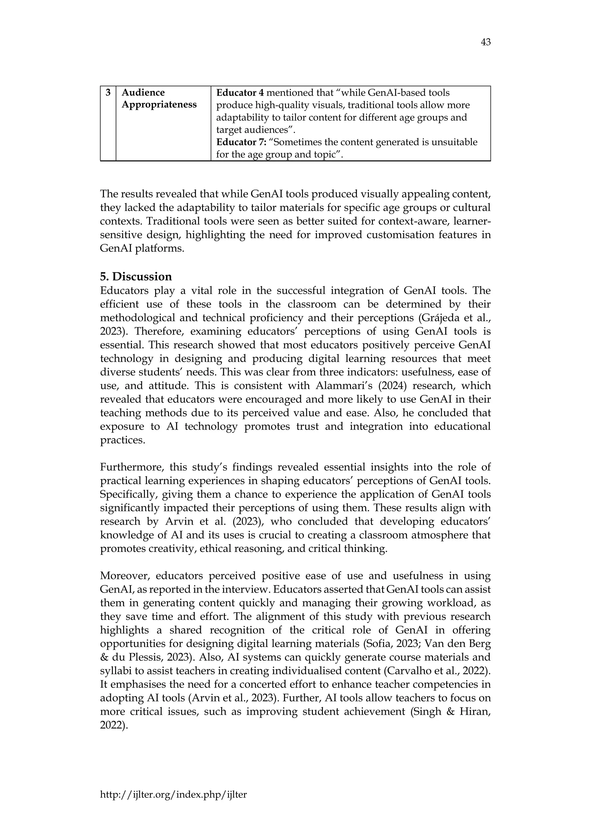 43
http://ijlter.org/index.php/ijlter
3 Audience
Appropriateness
Educator 4 mentioned that “while GenAI-based tools
produce high-quality visuals, traditional tools allow more
adaptability to tailor content for different age groups and
target audiences”.
Educator 7: “Sometimes the content generated is unsuitable
for the age group and topic”.
The results revealed that while GenAI tools produced visually appealing content,
they lacked the adaptability to tailor materials for specific age groups or cultural
contexts. Traditional tools were seen as better suited for context-aware, learner-
sensitive design, highlighting the need for improved customisation features in
GenAI platforms.
5. Discussion
Educators play a vital role in the successful integration of GenAI tools. The
efficient use of these tools in the classroom can be determined by their
methodological and technical proficiency and their perceptions (Grájeda et al.,
2023). Therefore, examining educators’ perceptions of using GenAI tools is
essential. This research showed that most educators positively perceive GenAI
technology in designing and producing digital learning resources that meet
diverse students’ needs. This was clear from three indicators: usefulness, ease of
use, and attitude. This is consistent with Alammari’s (2024) research, which
revealed that educators were encouraged and more likely to use GenAI in their
teaching methods due to its perceived value and ease. Also, he concluded that
exposure to AI technology promotes trust and integration into educational
practices.
Furthermore, this study’s findings revealed essential insights into the role of
practical learning experiences in shaping educators’ perceptions of GenAI tools.
Specifically, giving them a chance to experience the application of GenAI tools
significantly impacted their perceptions of using them. These results align with
research by Arvin et al. (2023), who concluded that developing educators’
knowledge of AI and its uses is crucial to creating a classroom atmosphere that
promotes creativity, ethical reasoning, and critical thinking.
Moreover, educators perceived positive ease of use and usefulness in using
GenAI, as reported in the interview. Educators asserted that GenAI tools can assist
them in generating content quickly and managing their growing workload, as
they save time and effort. The alignment of this study with previous research
highlights a shared recognition of the critical role of GenAI in offering
opportunities for designing digital learning materials (Sofia, 2023; Van den Berg
& du Plessis, 2023). Also, AI systems can quickly generate course materials and
syllabi to assist teachers in creating individualised content (Carvalho et al., 2022).
It emphasises the need for a concerted effort to enhance teacher competencies in
adopting AI tools (Arvin et al., 2023). Further, AI tools allow teachers to focus on
more critical issues, such as improving student achievement (Singh & Hiran,
2022).
 