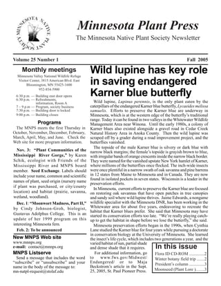 Minnesota Plant Press
                                         The Minnesota Native Plant Society Newsletter


Volume 25 Number 1                                                                                         Fall 2005

    Monthly meetings
  Minnesota Valley National Wildlife Refuge
                                              Wild lupine has key role
  Visitor Center, 3815 American Blvd. East
       Bloomington, MN 55425-1600             in saving endangered
                952-854-5900
 6:30 p.m. — Building east door opens
 6:30 p.m. — Refreshments,
                                              Karner blue butterfly
             information, Room A                Wild lupine, Lupinus perennis, is the only plant eaten by the
 7 – 9 p.m — Program, society business        caterpillars of the endangered Karner blue butterfly, Lycaeides melissa
 7:30 p.m. — Building door is locked          samuelis. Efforts to preserve the Karner blue are underway in
 9:00 p.m. — Building closes                  Minnesota, which is at the western edge of the butterfly’s traditional
                                              range. Today it can be found in two valleys in the Whitewater Wildlife
               Programs                       Management Area near Winona. Until the early 1980s, a colony of
 The MNPS meets the first Thursday in         Karner blues also existed alongside a gravel road in Cedar Creek
October, November, December, February,        Natural History Area in Anoka County. Then the wild lupine was
March, April, May, and June. Check the        scraped off by a grader during a road improvement project, and the
Web site for more program information.        butterflies vanished.
                                                The topside of the male Karner blue is silvery or dark blue with
  Nov. 3: “Plant Communities of the           narrow black margins; the female’s topside is grayish brown to blue,
Mississippi River Gorge,” by Karen            with irregular bands of orange crescents inside the narrow black border.
Schik, ecologist with Friends of the          They were named for the vanished upstate New York hamlet of Karner,
Mississippi River and MNPS board              where millions of the butterflies once flocked. The inch-wide insects
member. Seed Exchange. Labels should          were once plentiful in a narrow swath of oak savanna and pine barrens
include your name, common and scientific      in 12 states from Maine to Minnesota and in Canada. They are now
                                              found in isolated pockets in seven states. Wisconsin is a leader in the
names of plant, seed origin (nursery name
                                              preservation efforts.
if plant was purchased, or city/county
                                                In Minnesota, current efforts to preserve the Karner blue are focused
location) and habitat (prairie, savanna,      on restoring oak savannas that have open patches in tree canopies
wetland, woodland).                           and sandy soil where wild lupine thrives. Jaime Edwards, a nongame
  Dec. 1: “Moonwort Madness, Part II,”        wildlife specialist with the Minnesota DNR, has been working in the
by Cindy Johnson-Groh, biologist,             Whitewater area for about five years, endeavoring to recreate the
                                              habitat that Karner blues prefer. She said that Minnesota may have
Gustavus Adolphus College. This is an         started its conservation efforts too late. “We’re really playing catch-
update of her 1999 program on this            up to get the habitat in shape before we lose the butterfly,” she said.
interesting Minnesota fern.                     Minnesota preservation efforts began in the 1990s, when Cynthia
  Feb. 2: To be announced                     Lane studied the Karner blue for four years while pursuing a doctorate
                                              in conservation biology at the University of Minnesota. She learned
New MNPS Web site                             the insect’s life cycle, which includes two generations a year, and the
www.mnnps.org                                 varied habitat of sun, partial shade
e-mail: contact@mnnps.org                     and dense shade that it requires.        In this issue
MNPS Listserve                                   For additional information, go       Flora ID CD-ROM ..............2
  Send a message that includes the word       to     www.fws.gov/Midwest/             Winter botany field trip .......2
“subscribe” or “unsubscribe” and your         Endangered/ or to Maja
                                                                                       President’s column ..............3
name in the body of the message to:           Beckstrom’s article in the Sept.
mn-natpl-request@stolaf.edu                   25, 2005, St. Paul Pioneer Press.       Moonseed (Plant Lore )........3
 