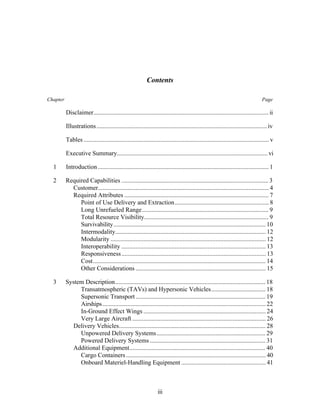 Contents 
Chapter Page 
Disclaimer................................................................................................................ ii 
Illustrations ............................................................................................................. iv 
Tables ...................................................................................................................... v 
Executive Summary................................................................................................ vi 
1 Introduction ............................................................................................................. 1 
2 Required Capabilities .............................................................................................. 3 
Customer............................................................................................................. 4 
Required Attributes ............................................................................................ 7 
Point of Use Delivery and Extraction............................................................ 8 
Long Unrefueled Range................................................................................. 9 
Total Resource Visibility................................................................................ 9 
Survivability................................................................................................. 10 
Intermodality................................................................................................ 12 
Modularity ................................................................................................... 12 
Interoperability ............................................................................................ 13 
Responsiveness ............................................................................................ 13 
Cost.............................................................................................................. 14 
Other Considerations ................................................................................... 15 
3 System Description................................................................................................ 18 
Transatmospheric (TAVs) and Hypersonic Vehicles................................... 18 
Supersonic Transport ................................................................................... 19 
Airships ........................................................................................................ 22 
In-Ground Effect Wings .............................................................................. 24 
Very Large Aircraft ..................................................................................... 26 
Delivery Vehicles.............................................................................................. 28 
Unpowered Delivery Systems...................................................................... 29 
Powered Delivery Systems .......................................................................... 31 
Additional Equipment....................................................................................... 40 
Cargo Containers ......................................................................................... 40 
Onboard Materiel-Handling Equipment ...................................................... 41 
iii 
 