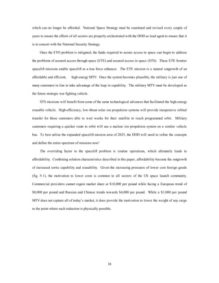 the truly joint environment. The costs of conducting a seven day hyperwar with MTVs and 
OTVs would run about $ 10 billion excluding payload weapon costs. Decisive force is 
brought to bear within 40 minutes of the NCA decision. OTVs conduct routine refueling of 
the satellite constellation and rearming of the ABM defenses. Next week is a combined 
joint exercise in counterspace force application against a fictitious enemy’s satellite 
system. 
Notes 
1 Marco Antonio Caceres, “Space Market Shifts to Private Sector,” Aviation Week, 8 January 1996, 
35 
111. 
2 Lt Col Jess Sponable, Advanced Spacelift Technology (U), Phillips Laboratory, PL/VT-X, briefing, 
Air University Library, 2025 Support area, 6 March 1996. (SECRET). Information extracted is unclassified. 
3 Joseph C. Anselmo, “Shrinking Satellites,” Aviation Week, 26 February 1996, 64. 
 