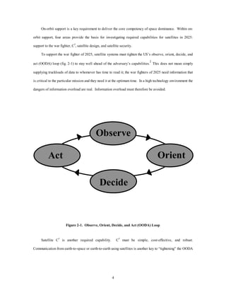 On-orbit support is a key requirement to deliver the core competency of space dominance. Within on-orbit 
support, four areas provide the basis for investigating required capabilities for satellites in 2025: 
support to the war fighter, C3, satellite design, and satellite security. 
To support the war fighter of 2025, satellite systems must tighten the US’s observe, orient, decide, and 
act (OODA) loop (fig. 2-1) to stay well ahead of the adversary’s capabilities.2 This does not mean simply 
supplying truckloads of data to whomever has time to read it; the war fighters of 2025 need information that 
is critical to the particular mission and they need it at the optimum time. In a high technology environment the 
dangers of information overload are real. Information overload must therefore be avoided. 
4 
Act 
Observe 
Decide 
Orient 
Figure 2-1. Observe, Orient, Decide, and Act (OODA) Loop 
Satellite C3 is another required capability. C3 must be simple, cost-effective, and robust. 
Communication from earth-to-space or earth-to-earth using satellites is another key to “tightening” the OODA 
 