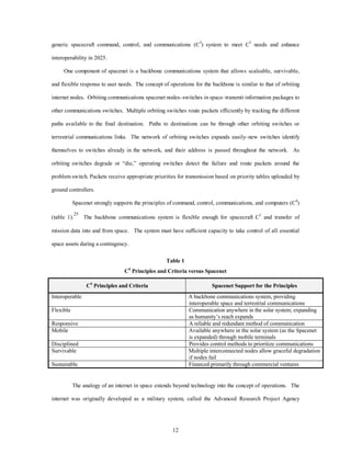 generic spacecraft command, control, and communications (C3) system to meet C3 needs and enhance 
12 
interoperability in 2025. 
One component of spacenet is a backbone communications system that allows scaleable, survivable, 
and flexible response to user needs. The concept of operations for the backbone is similar to that of orbiting 
internet nodes. Orbiting communications spacenet nodes–switches in space–transmit information packages to 
other communications switches. Multiple orbiting switches route packets efficiently by tracking the different 
paths available to the final destination. Paths to destinations can be through other orbiting switches or 
terrestrial communications links. The network of orbiting switches expands easily–new switches identify 
themselves to switches already in the network, and their address is passed throughout the network. As 
orbiting switches degrade or “die,” operating switches detect the failure and route packets around the 
problem switch. Packets receive appropriate priorities for transmission based on priority tables uploaded by 
ground controllers. 
Spacenet strongly supports the principles of command, control, communications, and computers (C4) 
(table 1).25 The backbone communications system is flexible enough for spacecraft C2 and transfer of 
mission data into and from space. The system must have sufficient capacity to take control of all essential 
space assets during a contingency. 
Table 1 
C4 Principles and Criteria versus Spacenet 
C4 Principles and Criteria Spacenet Support for the Principles 
Interoperable A backbone communications system, providing 
interoperable space and terrestrial communications 
Flexible Communication anywhere in the solar system; expanding 
as humanity’s reach expands 
Responsive A reliable and redundant method of communication 
Mobile Available anywhere in the solar system (as the Spacenet 
is expanded) through mobile terminals 
Disciplined Provides control methods to prioritize communications 
Survivable Multiple interconnected nodes allow graceful degradation 
if nodes fail 
Sustainable Financed primarily through commercial ventures 
The analogy of an internet in space extends beyond technology into the concept of operations. The 
internet was originally developed as a military system, called the Advanced Research Project Agency 
 