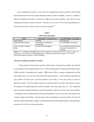 Laser communication systems are a poor choice for communications between satellites and individual 
earth stations because of the laser signal attenuation caused by clouds or fogbanks. However, a number of 
spatially distributed earth stations, connected by high-speed terrestrial datalinks, could allow for laser 
communications between satellites and earth. “With three to five sites, 99 to 99.9 percent probability of a 
cloud- and fog-free line of sight to at least one station is possible.”31 
Table 5 
EHF System Advantages 
Factor Advantages To General Users Specific Military Advantages 
Small Antenna Mobility Inconspicuous 
Highly Directional Signal Decreased susceptibility to 
17 
interference 
Low probability of intercept 
Large Available Frequency 
Range 
Increased data throughput Low probability of intercept and 
decreased susceptibility to 
jamming 
Source: N. E. Feldman and Sharlene Katz, Earth to Satellite Communications above 8 GHz, Features of 
Importance to the Military(U) (Washington, D.C.: Defense Communications Agency, 1977), 46-47. 
(Secret) Information Extracted is UNCLASSIFIED. 
Advances in Satellite-to-Satellite Cross-links 
Relay satellites will become the norm for satellite control. By using relay satellites, the controller 
is not required to have the target satellite in view. NASA currently operates Tracking and Data Relay System 
(TDRS) satellites to demonstrate this concept. TDRS allows NASA to maintain communication with the 
space shuttle when it is out of view of the main NASA ground antennas. A more advanced constellation of 
relay satellites will allow users of spacenet anywhere in the world, or in the solar system, to contact an 
operational satellite. The relay satellite can then cross-link the signal to any other relay satellite to deliver 
the message to the intended operational satellite anywhere in the solar system (fig. 3-2). The constellation 
may use a packet-switching technology to ensure that appropriate signals are relayed to the correct satellites. 
A constellation of relay satellites provides for graceful degradation if one or more of the relay satellites fail, 
avoiding a single point of failure. Network control software distributed to each relay satellite will allow the 
network to adjust automatically to outages, rerouting information around degraded satellites and maintaining a 
constant level of service to operational satellites. 
 