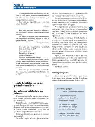 ○○○○○○○○○○○○○○○○○○○○○○○○○○○○○○○○○○○○○○○○○○○○○○○○○○○○○○○○○○○○○○○○○○○○○○○○○○○○○○○○○○○○○
235
Leitura na alfabetização
PAINEL 19
O navegante Vicente Pinzón levou uma fê-
mea no navio, e ficou encantado com a bolsa que
ela tinha na barriga, onde apareciam as cabeças
dos gambazinhos curiosos.
Você sabia que o gambá mede 47 cm, mais
37 cm de rabo?
Judivan
Você sabia que, pelo tamanho, o leão parti-
lha com o tigre o primeiro lugar entre os grandes
felinos?
Um macho adulto pode medir até três metros
de comprimento do focinho à ponta do rabo, e
pesar mais de 230 quilos?
Cícero Fernandes
Você sabia que o veado mateiro é castanho?
Vive na América do Sul?
Pesa até 25 quilos?
Mede 90 cm de altura?
Come folha e capim?
Tem uma gestação de 217 dias?
O veado é castanho tendendo para cor fer-
rugem, mas quando filhote é todo pintadinho.
Essas manchinhas brancas sobre o pêlo mar-
rom ajudam o veadinho a se camuflar no meio
da mata.
Você sabia que o veado mateiro perde o chi-
fre a cada ano e cada vez que o chifre nasce ele
é maior?
Nadi
Exemplo do trabalho com poemas
que resultou num livro
Apresentação do trabalho feita pela
professora
É com muito orgulho que apresento o pro-
duto final de escrita do nosso trabalho de Lín-
gua Portuguesa.
Em síntese, ele é parte da história deste gru-
po que, durante um ano, leu muitos poemas,
devorou crônicas, apreciou romances e, portan-
to, pôde se dedicar com afinco à tarefa, mais do
que árdua, de produzir textos escritos.
Espero, realmente, que apreciem os poemas
inventados!!!
Só tenho elogios a fazer a quem, com de-
dicação, freqüentou as aulas e pôde descobrir
ou redescobrir os prazeres de conhecer…
Foi um ano em que pudemos, além de es-
crever, visitar outros mundos por intermédio da
leitura, e tenho certeza que muitos adoraram e
aproveitaram muito a viagem.
A companhia de Graciliano Ramos, João
Cabral de Melo Neto, Carlos Drummond de
Andrade, Luís Fernando Veríssimo, Jorge Ama-
do, Jô Soares e tantos outros nos foi muito
oportuna!
No entanto, esse tempo de trabalho foi só
o começo, e é preciso seguir avançando. E isso
significa continuar lendo, se preocupando
com a escrita correta das palavras, com a pon-
tuação, com a apresentação final dos textos,
observando, enfim, como escrevem nossos
mestres para que se possa aprender ainda
mais com eles.
Agora, é hora de colher os frutos das con-
quistas e uma delas é poder apreciar este livro.
Espero que gostem do resultado, que sem dú-
vida representa muito de tudo que foi concre-
tizado.
Parabéns, alunos!
Poemas para apreciar…
Os poemas que vocês lerão a seguir foram
feitos a partir da leitura e análise deste lindo
poema de Carlos Drummond de Andrade.
Cidadezinha qualquer
Carlos Drummond de Andrade
Casas entre bananeiras,
Mulheres entre laranjeiras,
Pomar, amor, cantar.
Um homem vai devagar.
Um cachorro vai devagar.
Um burro vai devagar.
Devagar… as janelas olham…
– Êta vida besta, meu Deus!
 