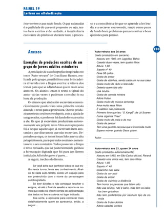 ○○○○○○○○○○○○○○○○○○○○○○○○○○○○○○○○○○○○○○○○○○○○○○○○○○○○○○○○○○○○○○○○○○○○○○○○○○○○○○○○○○○○○
233
Leitura na alfabetização
PAINEL 19
interpretem o que estão lendo. O que vai mudar
é a qualidade do que será proposto, ou seja, tex-
tos bem escritos e de verdade, a interferência
constante do professor durante todo o proces-
so e a consciência de que se aprende a ler len-
do, e a escrever escrevendo, tendo como pano
de fundo bons problemas para se resolver e boas
questões para pensar.
Anexos
Exemplos de produções escritas de um
grupo de jovens adultos estudantes
A produção de autobiografias inspiradas no
texto “Auto-retrato” de Graciliano Ramos, rea-
lizada pelo grupo, possibilitou uma brincadei-
ra divertida com a língua escrita: a leitura dos
textos para que se adivinhasse quem eram seus
autores. Os alunos leram o texto original do
autor várias vezes e puderam consultá-lo na
hora da produção.
Os alunos que ainda não escreviam conven-
cionalmente produziram uma primeira versão
ditando o texto para a professora. Outros produ-
ziram o texto oralmente e depois, com a ajuda de
um gravador, o professor foi dando forma escrita
a ele. Os que já escreviam produziram autono-
mamente seu próprio texto. Uma outra proposta
foi a de que aqueles que já escreviam irem ano-
tando o que ditavam os que não escreviam. De-
pois dessa etapa, os textos foram lidos em voz alta
pela professora, para que todos os alunos comen-
tassem o seu conteúdo. Todos passaram a limpo
o texto revisado, que só posteriormente ganhou
a formatação digitada que foi para um livreto
intitulado Adivinhe quem é quem…
A seguir, trechos do livreto.
Se você acha que conhece todos os que es-
tão nesta turma, teste seu conhecimento. Abai-
xo de cada auto-retrato, existe um espaço para
ser preenchido com o nome do personagem
autobiografado.
Se tiver dúvidas e não conseguir resolver o
enigma, vá até o final da sessão e recorte os no-
mes que estão na ordem correta de apresentação
dos textos no livro e cole-os no lugar indicado.
Boa sorte, e aproveite para conhecer mais
detalhadamente quem se apresenta, então, a
seguir…
Auto-retrato aos 38 anos
(texto produzido em parceria)
Nasceu em 1960, em Lagedão, Bahia
Casado duas vezes, tem quatro filhos
Altura: 1,68
Sapato nº 40
Pesa 58 quilos
Gosta de andar
Gosta de vizinhos, sendo cada um na sua casa
Gosta muito de rádio e televisão
Detesta quem fala alto
Usa óculos
Gosta de comida mineira
Adora frutas
Gosta muito de música sertaneja
Ama muito seus filhos
É católico não-praticante
Primeiro livro que leu: “O Xangô”, de Jô Soares
Fuma cigarros “Free”
Gosta muito de praia e de mar
Gosta de pescar
Tem uma gastrite nervosa que o incomoda muito
Espera morrer quando Deus quiser.
Autor:
Auto-retrato aos 33, quase 34 anos
(texto produzido autonomamente)
Nasceu em 1965, em São Carlos do Ivaí, Paraná
Casado uma única vez, tem dois filhos
Altura: 1,80
Sapato nº 40
Colarinho não sabe
Gosta da cor azul
Gosta de andar
Gosta de vizinhos a distância
Tem horror às pessoas que falam alto
Não usa óculos, não é calvo, mas tem os cabe-
los bem grisalhos
Não tem preferência por nenhum tipo de co-
mida
Gosta de frutas ácidas
Adora saladas verdes
 