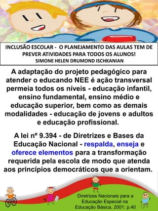 INCLUSÃO ESCOLAR - O PLANEJAMENTO DAS AULAS TEM DE
PREVER ATIVIDADES PARA TODOS OS ALUNOS!
SIMONE HELEN DRUMOND ISCHKANIAN
Diretrizes Nacionais para a
Educação Especial na
Educação Básica, 2001: p.40
A adaptação do projeto pedagógico para
atender o educando NEE é ação transversal
permeia todos os níveis - educação infantil,
ensino fundamental, ensino médio e
educação superior, bem como as demais
modalidades - educação de jovens e adultos
e educação profissional.
A lei nº 9.394 - de Diretrizes e Bases da
Educação Nacional - respalda, enseja e
oferece elementos para a transformação
requerida pela escola de modo que atenda
aos princípios democráticos que a orientam.
 