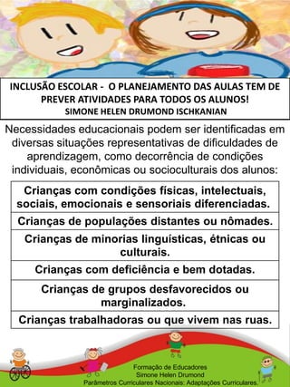 INCLUSÃO ESCOLAR - O PLANEJAMENTO DAS AULAS TEM DE
PREVER ATIVIDADES PARA TODOS OS ALUNOS!
SIMONE HELEN DRUMOND ISCHKANIAN
Formação de Educadores
Simone Helen Drumond
Parâmetros Curriculares Nacionais: Adaptações Curriculares.
Necessidades educacionais podem ser identificadas em
diversas situações representativas de dificuldades de
aprendizagem, como decorrência de condições
individuais, econômicas ou socioculturais dos alunos:
Crianças com condições físicas, intelectuais,
sociais, emocionais e sensoriais diferenciadas.
Crianças de populações distantes ou nômades.
Crianças de minorias linguísticas, étnicas ou
culturais.
Crianças com deficiência e bem dotadas.
Crianças de grupos desfavorecidos ou
marginalizados.
Crianças trabalhadoras ou que vivem nas ruas.
 