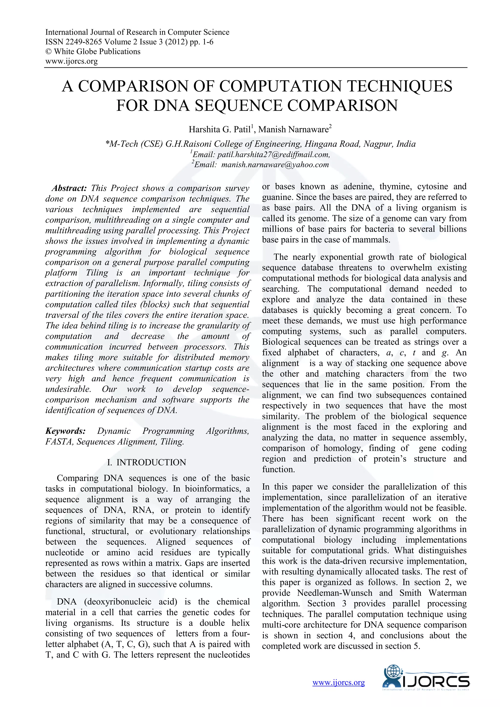 A Comparison of Computation Techniques for DNA Sequence Comparison | PDF