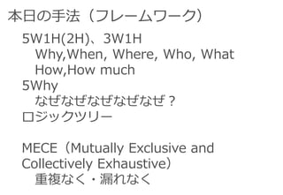 本日の手法（フレームワーク）
5W1H(2H)、3W1H
Why,When, Where, Who, What
How,How much
5Why
なぜなぜなぜなぜなぜ？
ロジックツリー
MECE（Mutually Exclusive and
Collectively Exhaustive）
重複なく・漏れなく
 