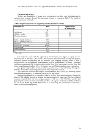 Int. Journal of Business Science and Applied Management / Business-and-Management.com




     The exit form of protest
     We have seen the exit form of protest as the most exclusive one. How could we best explain the
variation in the propensity for exit? Our start model is based on variables in Table 7. The significant
model is presented in Table 8.

Table 8: Logistic regression with propensity to exit as dependent variable
Propensity to:                                    Exit                          Significant test:
                                                                                Wald statistics
                                                    ß
Satisfaction                                     -.31**                               12.7
Affective loyalty                                -.16**                                7.6
Shopping frequency                               -.16**                                7.1

Initial – 2 LOG likelihood                        220.6
Model – 2 LOG likelihood                          144.8
Difference                                        75.8
Significance for model                           P<.001
Nagelkerke R2                                      .42
Prediction ability                                91%
N                                                  396
** S<= 0.01

      Exit propensity could partly be explained by dissatisfaction, low degree of loyalty and low
frequency visit in the shop. Table 8 shows the association when satisfaction, loyalty and shopping
frequency increase the propensity for exit decrease. High shopping frequency seems to have a
preventive effect on exit propensity. This finding fits nicely to Hirschman’s (1970) theory. Loyalty and
satisfaction creates costs for the customers preventing them from making exit from the shop. The
model is significant and explains 42% of the variance leaving 58% for other factors and explanations.
      In a special analysis of the customers with voice experience, we find a tendency showing “the
better the treatment of complaining customers, the fewer propensities for exit”.
      The difference in evaluation the complain treatment between those without exit propensity (0) and
those with exit propensity (1) is 4.0 and 3.1 (N=92, F=7.0, Sig.= 0.009).
      In another special analysis of respondents linked to furniture shops, we could estimate the possible
effects of risk linked to shopping in the shop were the customers were interviewed. The risk evaluation
was done on a scale from 0 to 10. Average evaluation of risk was 2.1 (N=199). Those with low exit
propensity (0) had an evaluation score on 1.9, and those with high exit propensity (1) had an evaluation
on 2.8, N=190, F=4.0, Sig.=0.005. There seems to be a tendency that increasing risk evaluation is
linked to increasing exit propensity.




                                                                                                       24
 