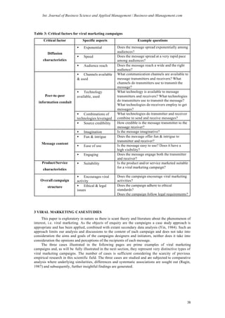 Int. Journal of Business Science and Applied Management / Business-and-Management.com



Table 3: Critical factors for viral marketing campaigns
      Critical factor           Specific aspects                     Example questions
                            •    Exponential           Does the message spread exponentially among
         Diffusion                                     audiences?
                            •    Speed                 Does the message spread at a very rapid pace
      characteristics                                  among audiences?
                            •    Audience reach        Does the message reach a wide and the right
                                                       audience?
                            • Channels available       What communication channels are available to
                            & used                     message transmitters and receivers? What
                                                       channels do transmitters use to transmit the
                                                       message?
                            • Technology               What technology is available to message
       Peer-to-peer         available, used            transmitters and receivers? What technologies
   information conduit                                 do transmitters use to transmit the message?
                                                       What technologies do receivers employ to get
                                                       messages?
                            • Combinations of          What technologies do transmitter and receiver
                            technologies leveraged     combine to send and receive messages?
                            • Source credibility       How credible is the message transmitter to the
                                                       message receiver?
                            •    Imagination           Is the message imaginative?
                            •    Fun & intrigue        Does the message offer fun & intrigue to
                                                       transmitter and receiver?
     Message content
                            •    Ease of use           Is the message easy to use? Does it have a
                                                       high visibility?
                            •    Engaging              Does the message engage both the transmitter
                                                       and receiver?
     Product/Service        •    Suitability           Is the product and/or service marketed suitable
                                                       for a viral marketing campaign?
      characteristics

                            • Encourages viral         Does the campaign encourage viral marketing
    Overall campaign        activity                   activities?
         structure          • Ethical & legal          Does the campaign adhere to ethical
                            issues                     standards?
                                                       Does the campaign follow legal requirements?



3 VIRAL MARKETING CASE STUDIES
     This paper is exploratory in nature as there is scant theory and literature about the phenomenon of
interest, i.e. viral marketing. As the objects of enquiry are the campaigns a case study approach is
appropriate and has been applied, combined with extant secondary data analysis (Yin, 1984). Such an
approach limits our analysis and discussions to the content of each campaign and does not take into
consideration the aims and goals of the campaigns designers and initiators, neither does it take into
consideration the opinions and perceptions of the recipients of each message.
     The three cases illustrated in the following pages are prime examples of viral marketing
campaigns and, as will be fully illustrated in the next section, they represent very distinctive types of
viral marketing campaigns. The number of cases is sufficient considering the scarcity of previous
empirical research in this scientific field. The three cases are studied and are subjected to comparative
analysis where underlying similarities, differences and systematic associations are sought out (Ragin,
1987) and subsequently, further insightful findings are generated.




                                                                                                      38
 