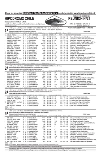 Ahora las apuestas QUINELA Y EXACTA PAGAN UN 5% + más Información www.hipodromochile.cl
                                                                                                                                                                                          SABADO 31 DE MARZO DE 2012
HIPODROMO CHILE                                                                                                                                                             REUNION Nº21
Director de Turno Sr. CARLOS LIRA V.
Junta de Comisarios: Pdte. Rene Ayala Camacho- Mauricio Marchant Jansana- Jaime Gajardo Pasturel                                                                                TOTAL EN PREMIOS A REPARTIR EN
Handicapper: Carlos Lira Viel                                                                                             PROGRAMA OFICIAL                                                    LA REUNION: $76.445.388.-
             14:30 aprox. 1.200 Mts. (1.151) HANDICAP CABALLOS 3 AÑOS Y MAS 6ta. Serie Indice: 3 al 1                                                                   Pozo Garantizado Trifecta $4.000.000
            APUESTAS DISPONIBLES: Ganador, A Segundo, A Tercero, Quinela, Exacta, Trifecta, Superfecta,
            Dobledemil Combina Con 2a.carrera, Primera Valida Triple Inicial                                                                                                                                           PREMIO: Astuto
            PREMIOS: $1.400.000.- al 1ero; $420.000.- al 2do; $280.000.- al 3ro; $140.000.- al 4to.                  Bolsa de premios: $2.240.000            Opcion: 4- 12- 9- 8
Nro. CABALLO - PADRILLO                         K. P. E. JINETE - PREPARADOR                      LLEGO FECHA DIST.SERIE CPS.                      TIEMPO     DIV. PESO IND. PROPIETARIO Y COLORES
1     EL QUESERO - Heavyweight Champ            56    1    7   J.Mino-J.ManriquezQ.                 5-3-11    24-3    1.200     6-2   9 1/2        1.12.85   20,50    493   3     Mameza - Celeste,cruzado,circulo y Anillos Blancos
2     MONTE SALVAJE - Montereale                54    2   10   G.Inostroza-J.AravenaM.              8-7-11    24-3    1.200     3-1   12 1/4       1.13.23   26,30    444   1     Juan Aravena M. - Amarillo y Celeste Listado,gorra En Cascos
3     CONFUCIUS - Merchant Of Venice (3)        54    3    7   N.Garcia-A.PerezD.                14c-9c-6     24-3    1.200     3-1   6 3/4        1.13.23   16,70    461   1     Miduer Y Jasu - Verde,circulo y Brazlts.Naranja,g.Azul
4     LA CRIOLLITA - Mr.Kilts                   55    4    8   J.Galaz-J.LastraB.                    3-5-3    24-3    1.200     3-1   3            1.13.23    6,70    495   2     Puerto Natales - Azul,trebol Negr,mgs.Blancas,g.Azul y Negr.En Casc
5     NORTH CANDY - Putifar                     55    5    8   B.Leon-J.RamirezV.             10c-9c-12c *    30-7    1.200     3-1   8 1/4        1.14.20    8,10    468   2     Don Fernando - Lila, Mangas y Gorra Blancas,brazaletes Lila
6     EXHIBITION - A.P.Five Hundred             54    6    5   Ch.Munoz(R-8)-S.TapiaS.          9-11-13 **    23-4    1.200   15-12   15 1/2       1.11.98   30,90    435   1     Sergio Tapia S. - Azul,mangas Rosada,gorra Roja
7     MEDIO Y MEDIO - Columbus Day              55    7    5   R.Carvajal-O.DonateS.                 13-9v    15-3    1.000     5-2   11           1.00.20   16,00    469   2     El Duende - Rojo,cruz y Gorra Blancas
8     MISTER DEL RIO - Jeune Homme              56    8    4   N.Huenulao-L.PerezA.              2-7-12 **    23-7    1.200     4-2   12 1/4       1.14.27    7,10    446   3     Los Del Rio - Rojo,gorra Amarilla,mangas En Ruedas
9     GRAN BOMBALLET - Mediterranean            56    9    6   O.Mella-J.BravoM.                    10-8-4    17-3    1.200     6-1   7            1.13.42    8,00    473   3     Los Felipes - Rojo,lista y Gorra Verde
10    AGUILA LINDA - Slavic (2)                 54   10    8   N.Castro-W.RoblesF.                   6-6-9    24-3    1.200     3-1   10 1/2       1.13.23   14,20    426   1     Ferensil - Azul, V Oro
11    RESTING BABY - Resting Place              55   11   10   J.Albornoz-E.BecarB.              12-9-5 **    25-2    1.200     4-2   5 1/2        1.13.99   15,70    399   2     Enrique Becar B. - Azul,mgs.Amar.Brzltes.Azules,g.Amar.Y Rj.En Cascos
12    DUBURNAISSE - Dublin II                   55   12    5   G.Pontigo-E.SwittV.                   6-6-5    24-3    1.200     6-2   3 1/4        1.12.85   10,40    468   2     Bendicion - Verde, Mangas Blancas
13    MASTER IN LAW - Riyadian                  54   13    5   L.Silva-R.QuirozF.                 4-10-10     24-3    1.200     3-1   10 3/4       1.13.23    4,20    426   1     Los Quirsan - Rojo, Hombreras y Mangas Amarillas,g.En Cascos
14    TODOS MIS SOBRINOS - Big Ten (5)          54   14    8   J.Munoz-H.PachecoP.                  7-10-7    29-3    1.000     3-1   4 1/4        0.59.86   18,00    508   1     Mi Cotin - Azul, Rombo, Mangas y Gorra Plateado
15    BUSQUILLA - Bandini                       54   15    3   R.Solorza(R-2)-A.MartinezC.    7v-10v-10 **    21-1    1.200     4-2   11 3/4       1.13.80   12,00    481   1     Oliverio Martinez L. - Blanco y Negro A Cuadritos, Gorra Negra
( ) Nº de carreras perdidas en índice 1
MASTER IN LAW: Se cargo en los 500mts. - BUSQUILLA: Se abria -EXHIBITION: de Concepcion.-MISTER DEL RIO: de Concepcion.-
             14:55 aprox. 1.000 Mts. (1.152) CONDICIONAL MACHOS 3 AÑOS NO GANADORES Peso: 56 Kilos
            APUESTAS DISPONIBLES: Ganador, A Segundo, A Tercero, Quinela, Exacta, Trifecta, Superfecta,
            Dobledemil Combina Con 3a.carrera, Segunda Valida Triple Inicial Vta.enganche                                                                                                                               PREMIO: Paititi
            PREMIOS: $1.200.000.- al 1ero; $330.000.- al 2do; $150.000.- al 3ro; $90.000.- al 4to.                   Bolsa de premios: $1.770.000            Opcion: 5- 9- 6- 1
1     ABUELO NELSON - Erin’s Storm              56    1   3    V.Orrego-C.QuirozE.                 13-5-3     22-3    1.000           7 1/4        0.58.70    24,90   388         Cristian Quiroz E. - Azul,estrella y Gorra Amarillas,mgs.Blancas
2     TITO EL BAMBINO - Monthir                 56    2   3    P.Galaz-R.BernalG.                10-12-12     17-3    1.000           15 1/4       0.59.28   138,40   435         Rafael Bernal G. - Amarillo,cruz De Malta y Gorra Rojas,braz.Verdes
3     OCEAN LONG - Ocean Terrace                56    3   3    NO CORRE-J.HirmasR.                 3-10-9     17-3    1.000           6 3/4        0.59.28    13,00   452         Jaime Hirmas R. - Naranja
4     DON ROCCO - Bayer                         56    4   3    A.Varas-J.AravenaM.               9-10c-11     17-3    1.000           13 1/4       0.59.28   113,50   482         Matias Aravena - Blanco,mangas Amarillo y Rojo En Ruedas,g.En Rueda
5     MAKALLAMARKES - Gracioso II               56    5   3    F.Gonzalez(4)-C.BernalG.             4-3-2     17-3    1.000           a 1/2 Pzo.   0.59.28     1,90   420         Masaiva - Azul,faja Amar.Blc.Amar.Braz.Y G.Amarillos
6     REMOLINO DIXIE - Swear By Dixie           56    6   3    N.Garcia-A.PerezD.                  5c-4-4     22-3    1.000           8 1/2        0.58.70    23,30   385         As - Morado y Verde List.Mangas Moradas, Gorra Negra
7     GOL CRUZADO - Edgy Diplomat               56    7   3    R.Mena(2)-L.UrbinaH.                 7-6-8     22-3    1.200           11           1.13.67   124,70   449         Kissimmee - Azul,mgs.Azules Con Lunares Amarillos,g.En Ruedas
8     BILLETE GRUESO - York Minster             56    8   3    G.Inostroza-M.MaureiraE.            10-5-6     29-3    1.200           12 1/2       1.12.10    61,00   416         Miguel Maureira E. - Blanco,banda Amar.Blanco,amar,braz.Amar.G.En Rueda
9     ALMA DE BOHEMIO - Auguri                  56    9   3    G.Barrera-C.MirandaM.                7-3-2     22-3    1.000           3 1/4        0.58.70     9,80   420         Frama - Blanco y Negro En V,gorra Blanca
ABUELO NELSON: Salto hacia adentro al partir. - TITO EL BAMBINO: Estrellado al partir - MAKALLAMARKES: Huasqueado en los 600m. - ALMA DE BOHEMIO: Cargado en los 700mts. -
             15:19 aprox. 1.000 Mts. (1.153) HANDICAP CABALLOS 3 AÑOS Y MAS 1ra. Serie Indice: 40 al 32
            APUESTAS DISPONIBLES: Ganador, Quinela, Exacta, Trifecta, Cuatrifecta, Dobledemil Combina 4a.carrera,
            Tercera Valida Triple Inicial Vta.enganche                                                                                                                                                                PREMIO: Tiberio
            PREMIOS: $1.850.000.- al 1ero; $555.000.- al 2do; $370.000.- al 3ro; $185.000.- al 4to.                  Bolsa de premios: $2.960.000            Opcion: 1- 2- 4- 3
1 SAHARA KING - Speak In Passing                58    1   4    L.Gonzalez-M.PavezO.                 3v-5-1    10-3    1.000   41-33   1 1/2        0.57.48 10,70 497 40 Haras Sumaya - Rojo,faja y Brazaletes Verdes
2 ORO PARA CHILE - Happy Hunting                50    2   3    J.Medina-C.ConejerosA.                3-4-4    10-3    1.000   41-33   2 1/4        0.57.48 2,20 467 32 Botafogo - Blanco y Verde En Ruedas,gorra Verde
3 FARAN - Indy Dancer                           53    3   5    B.Leon-C.ConejerosA.                  5-6-3    15-3    1.200   42-32   4 3/4        1.10.38 20,20 525 35 La Herreria - Celeste y Negro Por Mit.Horiz.G.Blanca
3A SOMBRERO DE COPA - Dance Brightly            57    4   6    G.Ulloa-C.ConejerosA.                 6-6-7    22-3    1.200   47-31   11 3/4       1.09.64 11,40 489 39 La Herreria - Celeste y Negro Por Mit.Horiz.G.Blanca
4 WYNN - Monthir                                55    5   6    F.Gonzalez-R.MontesinoS.              7-5-2    10-3    1.000   41-33   1 1/2        0.57.48 9,70 472 37 Mis Tres Mujeres - Azul, Trebol y Gorra Rojos
5 JEAN SANS TERRE - Tumblebrutus                53    6   3    G.Barrera-C.ConejerosA.              6-10-5    10-3    1.000   41-33   3 1/2        0.57.48 3,30 475 35 Zacatal - Rojo,v Verde,mangas y Gorra Blancas
CORRAL: 3 con 3A
WYNN: Se cargo al partir. -
             15:45 aprox. 1.000 Mts. (1.154) CONDICIONAL HEMBRAS 3 AÑOS NO GANADORAS Peso: 55 Kilos
            APUESTAS DISPONIBLES: Ganador, A Segundo, A Tercero, Quinela, Exacta, Trifecta, Superfecta,
            Dobledemil Combina Con 5a.carrera, Primera Valida Triple No 2.                                                                                                                                          PREMIO: Tamalera
            PREMIOS: $1.200.000.- a la 1era; $330.000.- a la 2da; $150.000.- a la 3ra; $90.000.- a la 4ta.           Bolsa de premios: $1.770.000            Opcion: 9- 10- 5- 12
1 BAKI - Hardy II                               55    1   3    R.Avila(4)-J.BravoM.              14-14-11     24-3    1.000           26 1/2       0.59.63   279,10   405         Llallauquen - Blanco,faja y Brazaletes Azules,gorra Negra
2 SOY TU HIJA - A.P.Five Hundred                55    2   3    C.Gomez(2)-R.QuirozF.             11-10-11     22-3    1.000           23           0.58.87   149,70   434         Vicar - Granate, Tirantes, Braz. y G.Naranjas.
3 PRIVATE KISS - Tumblebrutus                   55    3   3    J.Munoz-H.PachecoP.               15c-12-8     22-3    1.000           16 1/4       0.58.87    62,00   436         Fritzi - Blanco,faja Azul,brazaletes y Gorra Rojos
4 LA FLOPY - Edgy Diplomat                      55    4   3    N.Soto-J.LastraB.                    3-4-3     22-3    1.000           3 1/2        0.58.87     9,80   373         Jose Lastra B. - Amarillo,negro y Rjo.List.Brazts.Y G.Amarillos
5 MAL PENSADA - Stuka II                        55    5   3    S.Novoa(4)-A.MartinezC.              4-4-2     24-3    1.200           4 1/2        1.11.26     4,10   417         Cocalan - Negro,mangas Amarillas
6 REINA MARIA - Erin’s Storm                    55    6   3    Ch.Munoz(2)-S.TapiaS.               12-9-8     24-3    1.000           7            0.59.63   107,80   415         Sergio Tapia S. - Azul,mangas Rosada,gorra Roja
6A LA SUMBIDA CHICA - Slavic                    55    7   3    S.Munoz(2)-S.TapiaS.               Debuta                                                                          Sergio Tapia S. - Azul,mangas Rosada,gorra Roja
7 GHEDI - Merchant Of Venice                    55    8   3    R.Mena(2)-J.PinochetP.               8-9-6     22-3    1.000           8            0.58.87 12,70 422              Bendita Pasion - Blanco,amar,ngr.Y Rj.Cruzado,m.Blcs,anill.Y G.Negr
8 CLASE Y FORTUNA - Mizzen Mast                 55    9   3    J.Rodriguez(4)-M.PavezO.             4-4-4     22-3    1.000           3 1/2        0.58.87 7,50 417               Haras Sumaya - Rojo,faja y Brazaletes Verdes
9 MISS GENESIS - Hardy II                       55   10   3    J.Medina-M.VelardeB.               4c-7c-2     22-3    1.000           1 1/4        0.58.87 13,00 451              Angela Alejandra - Amar,braz.Y Hombreras Verdes,g.En Cascos
10 MISS FLORES - Sitcom                         55   11   3    B.Orellana(4)-A.ParraD.              2-7-2     24-3    1.000           3/4          0.59.63 4,90 428               Monte Olimpo - Amarillo,franja Roja,mangas y Gorra Azules
11 GUIRIRI - Fils Unique                        55   12   3    J.Heiden-L.PerezA.                 4-4-7 **   17-12    1.300           13 1/4       1.21.19 14,70 404              Tira Tarro - Azul,mangas Verdes,gorra Roja
12 SIERRA ALTA - Election Day                   55   13   3    M.Gutierrez-R.QuirozF.               9-3-3     24-3    1.000           1 3/4        0.59.63 8,50 452               Norma Y Carlos - Blanco,estrella y Anillos Naranjas
13 YORK MILE - York Minster                     55   14   3    G.Inostroza-M.MaureiraE.           Debuta                                                                          Miguel Maureira E. - Blanco,banda Amar.Blanco,amar,braz.Amar.G.En Rueda
14 NANA GITANA - Mon Pote Le Gitan              55   15   3    P.Galaz-R.BernalG.                  9-8-13     10-3 1.000              18 3/4       0.58.65 192,00 434             Rafael Bernal G. - Amarillo,cruz De Malta y Gorra Rojas,braz.Verdes
CORRAL: 6 con 6A
BAKI: Se abrio en los 600mts. - PRIVATE KISS: Abierto en los 500mts. - NANA GITANA: Se fue de punta al partir y estrellado en las pri.dist. -
            * 30 DÍAS QUE NO CORRE EN ESTE HIPODROMO, ** 30 DÍAS O MÁS QUE NO CORRE, DbHCH DEBUTA EN HIPODROMO CHILE
            LOS JUEGOS DE CANJE DE LA APUESTA TRIPLE DEBERAN REALIZARSE CON A LO MENOS 5 MINUTOS DE ANTICIPACION A LA LARGADA DE LA RESPECTIVA CARRERA.
            AVISO IMPORTANTE: De acuerdo a las Normas del Código de Carreras de Chile, el dividendo mínimo de las apuestas A Ganador, A Segundo y A Tercero es de $1,00 en el Hipódromo Chile
 