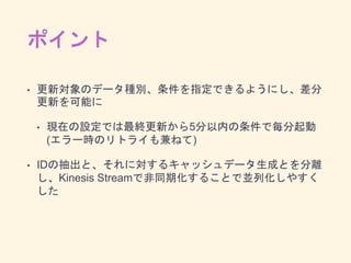 ポイント
• 更新対象のデータ種別、条件を指定できるようにし、差分
更新を可能に
• 現在の設定では最終更新から5分以内の条件で毎分起動
(エラー時のリトライも兼ねて)
• IDの抽出と、それに対するキャッシュデータ生成とを分離
し、Kinesis Streamで非同期化することで並列化しやすく
した
 