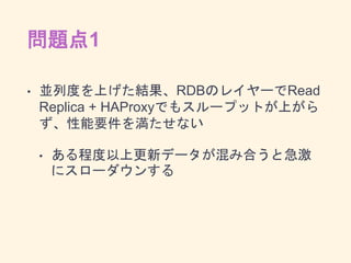 問題点1
• 並列度を上げた結果、RDBのレイヤーでRead
Replica + HAProxyでもスループットが上がら
ず、性能要件を満たせない
• ある程度以上更新データが混み合うと急激
にスローダウンする
 