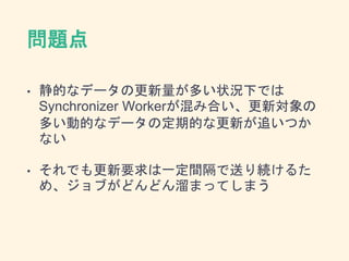 問題点
• 静的なデータの更新量が多い状況下では
Synchronizer Workerが混み合い、更新対象の
多い動的なデータの定期的な更新が追いつか
ない
• それでも更新要求は一定間隔で送り続けるた
め、ジョブがどんどん溜まってしまう
 
