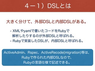 ４）基本のDSLを学ぶ！
index do
column "ID", :id
column "タイトル", :title
column "色", :color
actions
end
一覧ページに表示する項目を
定義するパラメータ
column：
一覧ページを定義する
パラメータ
index：
一覧ページ、編集ページに
各アクションボタンを
表示するパラメータ
actions：
さっきのDEMOのコードが
理解できる(ó ｀o)
 