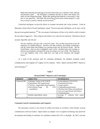 Rather than detecting and analyzing jet aircraft which emits [sic] a familiar visual, infrared, 
and telemetry signal . . . the intelligence community may have to detect and analyze old, 
small aircraft transporting drugs. Rather than spotting tank battalions in movement, it may 
have to spot guerrillas. And rather than dissecting a Soviet arms-control proposal, it may 
have to assess a country's attitude toward terrorism.19 
Centralized intelligence can provide details on weapons movements and violent elements. Count de 
Marenches, former chief of French intelligence, stated, “Precision personal intelligence can be more critical 
than precision-guided munitions.”20 The vast amount of information will have to be culled in order to monitor 
the movement of aggressors. Their religious and cultural views must also be monitored. Information must be 
21 
accurate, digestible, and relevant. 
The best satellites can't peer into a terrorist's mind. Nor can they necessarily reveal the 
intentions of a Saddam Hussein. Satellites and other technical surveillance technologies 
told the United States that Saddam was massing troops near the Kuwait border. But the 
United States—short on spies in Baghdad's inner circles—brushed aside such warnings as 
alarmist and mistakenly concluded the troop movements were just a bluff. One human spy 
in or near Saddam's inner circle might have cast light on his intentions and changed 
history.21 
As a result of this enormous need for contextual intelligence, the attendant command, control, 
communications, and computers (C4) support will be immense. Table 3 depicts advanced ISR/C4 objectives 
and technologies.22 
Table 3 
Advanced ISR/C4 Objectives and Technologies 
MISSION OBJECTIVE TECHNOLOGY 
Advanced ISR · Strategic: feeders to NCA DCM 
· Operational: SAF requirements 
· Tactical: output/effects based targeting 
· Surveillance/Target ID: UAV 
constellation 
· Long endurance UAVs/UTAs 
· Unmanned mini helos 
· Target reporter 
· Unattended ground sensors 
· Weather Surveillance and prediction 
· Low-cost space-based surveillance 
· Virtual presence 
C4 Reliable, high fidelity, robust Scavenge C4 solutions from expert 
sources 
Command, Control, Communications, and Computers 
The peacespace mission is also based on conflict prevention or resolution, which dictates accurate 
communication with local leaders. Improvements in computer voice recognition technology may permit the 
development and fielding of translators for installation onboard the UAV or ultralight. By 2025, real-time 
 