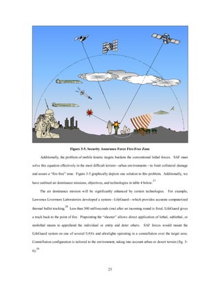 Figure 3-5. Security Assurance Force Fire-Free Zone 
Additionally, the problem of mobile kinetic targets burdens the conventional lethal forces. SAF must 
solve this equation effectively in the most difficult terrain—urban environments—to limit collateral damage 
and assure a “fire-free” zone. Figure 3-5 graphically depicts one solution to this problem. Additionally, we 
have outlined air dominance missions, objectives, and technologies in table 4 below.27 
The air dominance mission will be significantly enhanced by certain technologies. For example, 
Lawrence Livermore Laboratories developed a system—LifeGuard—which provides accurate computerized 
thermal bullet tracking.28 Less than 300 milliseconds (ms) after an incoming round is fired, LifeGuard gives 
a track back to the point of fire. Pinpointing the “shooter” allows direct application of lethal, sublethal, or 
nonlethal means to apprehend the individual or entity and deter others. SAF forces would mount the 
LifeGuard system on one of several UAVs and ultralights operating in a constellation over the target area. 
Constellation configuration is tailored to the environment, taking into account urban or desert terrain (fig. 3- 
23 
6).29 
 