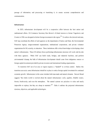 passage of information, and processing or translating it, to ensure accurate comprehension and 
27 
communication. 
Infrastructure 
In 2025, infrastructure development will be a cooperative effort between the host nation and 
multinational efforts. US Commerce Secretary Ron Brown’s ill-fated mission to former Yugoslavia and 
Croatia in 1996 was designed to bolster foreign investment in the region.39 To achieve the desired end-state, 
SAF may coordinate the efforts of such agencies as the departments of Justice and State, the Environmental 
Protection Agency, nongovernmental organizations, multinational corporations, and private volunteer 
organizations for lift, security, or education. These institutions offer critical knowledge to developing a host 
nation’s infrastructure. Those US military forces performing infrastructure missions will work side-by-side 
with these agencies. While SAF can build roads, bridges, and industrial facilities, and perform 
environmental cleanup, the bulk of infrastructure development should come from indigenous sources or 
foreign capital investment provided by private investors and international lending organizations. 
To transition SAF out of an area or region requires a “handoff” to civilian control. Before this 
transition can occur, some infrastructure should be in place to entice foreign capital investment for continued 
economic growth. Infrastructure in this sense includes both man-made and natural elements. Stewart Brand 
suggests “the whole world is worried about the natural infrastructure—soils, aquifers, fishable waters, 
forests, biodiversity, and even the atmosphere. The natural systems are priceless in value and nearly 
impossible to replace, but they are cheap to maintain.”40 Table 6 outlines the projected infrastructure 
missions, objectives, and applicable technologies. 
 