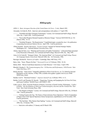 Bibliography 
AFM 1-1. Basic Aerospace Doctrine of the United States Air Force. 2 vols., March 1992. 
Alexander, Col John B., Ph.D.. Interview and correspondence with authors, 2–7 April 1996. 
———. “Nonlethal and Other Emerging Technologies.” Lecture, Air Command and Staff College, Maxwell 
50 
AFB, Ala., 2 April 1996. Used by permission. 
———. “Non-Lethal Weapons Demand Expands as Missions Change.” National DEFENSE 80, no. 516 
(March 1996): 34–35. 
———. “Nonlethal Weapons: The Requirements.” Unpublished paper, accepted by Jane’s for publication 
in upcoming International Defense Review, April 1996. Used by permission. 
Allard, Kenneth. Somalia Operations: Lessons Learned. Institute for National Strategic Studies. 
Washington, D.C.: National Defense University Press, 1995. 
Allotey, Sqn Ldr Sam, et al. “Planning and Execution of Conflict Termination.” A Research Paper presented 
to the Directorate of Research, Air Command and Staff College, Maxwell AFB, Ala., May 1995. 
Arms, Lt Col Anita M. “Strategic Culture: The American Mind.” Air Command and Staff College Theater 
Air Campaign Studies Coursebook. Maxwell AFB, Ala.: Air University, 1996. 
Barringer, Richard B. Patterns of Conflict. Cambridge, Mass: MIT Press, 1972. 
Barry, John. “Soon, ‘Phasers On Stun’.” Newsweek 23, no. 6 (7 February 1994): 24–26. 
Belton, Beth. “Brown Crash Raises Questions on Trade Missions.” USA Today, 5 April 1996. 
Blaufarb, Douglas S. The Counterinsurgency Era: US Doctrine and Performance, 1950-Present. New 
York: Free Press, 1977. 
Brand, Steward. “Army Green.” Originally published in Whole Earth Review, no. 76. Edited by Howard 
Rheingold, on-line, Internet, 14 May 1996, available from gopher://gopher.well.sf.ca.us:70/00/ 
WER/Army_Green. 
Builder, Carl H. “Doctrinal Frontiers.” Airpower Journal 9, no. 4 (Winter 1995): 6–13. 
Builder, Carl H. and Theodore W. Karasik. “Organizing, Training, and Equipping the Air Force for Crises 
and Lesser Conflicts,” RAND Project AIR FORCE, 1995. 
Cable, Larry E., Ph.D. Associate Professor of History, University of North Carolina, Wilmington. Conflict 
of Myths: The Development of American Counterinsurgency Doctrine and the Vietnam War. New 
York: New York University Press, 1986. 
———. “The Dangers of Dogma.” Lecture, Air Command and Staff College, Maxwell AFB, Ala., 28 March 
1996. Used by permission. 
———. “Getting Found in the Fog: The Nature of Interventionary Peace Operations.” Draft. (Compendium 
of Papers from USAF Special Operations School Symposium), unpublished as of 26 November 1995. 
Used by permission. 
———. “The End State: Why Nations Stop Fighting.” Lecture, Air Command and Staff College, Maxwell 
AFB, Ala., 16 January 1996. 
———. Interviews with authors, 31 January and 28 March 1996. 
 