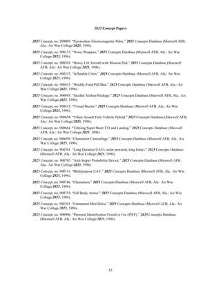 2025 Concept Papers 
2025 Concept, no. 200009. “Pyrotechnic Electromagnetic Pulse.” 2025 Concepts Database (Maxwell AFB, 
55 
Ala.: Air War College/2025, 1996). 
2025 Concept, no. 900153. “Noise Weapons.” 2025 Concepts Database (Maxwell AFB, Ala.: Air War 
College/2025, 1996). 
2025 Concept, no. 900203. “Heavy Lift Aircraft with Mission Pod.” 2025 Concepts Database (Maxwell 
AFB, Ala.: Air War College/2025, 1996). 
2025 Concept, no. 900255. “Inflatable Cities.” 2025 Concepts Database (Maxwell AFB, Ala.: Air War 
College/2025, 1996). 
2025 Concept, no. 900433. “Weekly Food Pill/Shot.” 2025 Concepts Database (Maxwell AFB, Ala.: Air 
War College/2025, 1996). 
2025 Concept, no. 900485. “Guided Airdrop Package.” 2025 Concepts Database (Maxwell AFB, Ala.: Air 
War College/2025, 1996). 
2025 Concept, no. 900615. “Virtual Doctor.” 2025 Concepts Database (Maxwell AFB, Ala.: Air War 
College/2025, 1996). 
2025 Concept, no. 900658. “Urban Assault Helo Vehicle Hybrid.” 2025 Concepts Database (Maxwell AFB, 
Ala.: Air War College/2025, 1996). 
2025 Concept, no. 900664. “Tiltwing Super Short T/O and Landing.” 2025 Concepts Database (Maxwell 
AFB, Ala.: Air War College/2025, 1996). 
2025 Concept, no. 900699. “Chameleon Camouflage.” 2025 Concepts Database (Maxwell AFB, Ala.: Air 
War College/2025, 1996). 
2025 Concept, no. 900701. “Long Duration UAVs (solar powered, long loiter).” 2025 Concepts Database 
(Maxwell AFB, Ala.: Air War College/2025, 1996). 
2025 Concept, no. 900705. “Anti-Sniper Probability Device.” 2025 Concepts Database (Maxwell AFB, 
Ala.: Air War College/2025, 1996). 
2025 Concept, no. 900711. “Multipurpose UAV.” 2025 Concepts Database (Maxwell AFB, Ala.: Air War 
College/2025, 1996). 
2025 Concept, no. 900746. “Chameleon.” 2025 Concepts Database (Maxwell AFB, Ala.: Air War 
College/2025, 1996). 
2025 Concept, no. 900753. “Full Body Armor.” 2025 Concepts Database (Maxwell AFB, Ala.: Air War 
College/2025, 1996). 
2025 Concept, no. 900763. “Unmanned Mini Helos.” 2025 Concepts Database (Maxwell AFB, Ala.: Air 
War College/2025, 1996). 
2025 Concept, no. 900906. “Personal Identification Friend or Foe (PIFF).” 2025 Concepts Database 
(Maxwell AFB, Ala.: Air War College/2025, 1996). 
