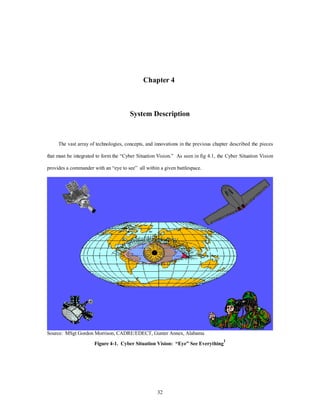 Chapter 4 
System Description 
The vast array of technologies, concepts, and innovations in the previous chapter described the pieces 
that must be integrated to form the “Cyber Situation Vision.” As seen in fig 4.1, the Cyber Situation Vision 
provides a commander with an “eye to see” all within a given battlespace. 
Source: MSgt Gordon Morrison, CADRE/EDECT, Gunter Annex, Alabama 
Figure 4-1. Cyber Situation Vision: “Eye” See Everything1 
32 
 