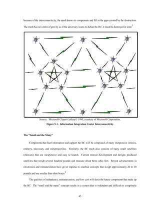 because of the interconnectivity, the mesh knows to compensate and fill in the gaps created by the destruction. 
The mesh has no center of gravity so if the adversary wants to defeat the IIC, it must be destroyed in total.5 
Source: Microsoft Clipart GalleryÓ 1995, courtesy of Microsoft Corporation. 
Figure 5-1. Information Integration Center Interconnectivity 
45 
The “Small and the Many” 
Components that feed information and support the IIC will be composed of many inexpensive sensors, 
emitters, microsats, and miniprojectiles. Similarly, the IIC mesh also consists of many small satellites 
(minisats) that are inexpensive and easy to launch. Current minisat development and designs produced 
satellites that weigh several hundred pounds and measure about three cubic feet. Recent advancements in 
electronics and miniaturization have given impetus to smallsat concepts that weigh approximately 20 to 30 
pounds and are smaller than shoe boxes.6 
The qualities of redundancy, miniaturization, and low cost will describe future components that make up 
the IIC. The “small and the many” concept results in a system that is redundant and difficult to completely 
 