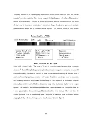 The energy generated in the light frequency range between microwave and ultraviolet offers only a slight 
amount of penetration capability. More simply, energy in the light frequency will reflect off the outside or 
external part of the structure. Energy in the microwave region can penetrate some materials, but will reflect 
off others. As the frequency or wavelength of a lazing beam changes throughout the spectrum, its ability to 
penetrate moisture, smoke, haze, or even solid objects, improves. This is similar to using an X-ray machine 
Present Day Dye LASERs 
.00001 Nanometers 100000000 Meters 
to see inside a person’s body. “The power of X-rays for penetrating matter increases as the wavelength 
decreases.”2 By modulating the frequency throughout the entire electromagnetic spectrum, the device could 
control the frequency to penetrate or to reflect off of the various materials comprising the structure. From a 
database of material properties, a computer would analyze the different wavelengths based on parameters 
such as intensity of reflected energy, lack of reflected energy, or a shift in phase of the wavelength. Using this 
analysis, the computer would build a three- dimensional image of the structure and display it to the weapon 
operator. For example, a laser modulating weapon could examine a structure like a bridge and show the 
weapon operator a three-dimensional image of the internal skeleton of the structure. This would allow the 
weapon operator to locate the main spar and guide a weapon to an exact point inside the structure, thereby 
dropping the bridge with an explosive power the size of a stick of dynamite (fig. 3-2). 
10 
Gamma Rays, X-rays 
Penetrate Materials 
.00001 to 10 
Nanometers 
U.V.. Light, Visible 
Light, Microwaves 
10 Nanometers to 
.1 Meters 
Television 
Communications, 
Electric waves 
.1 -108 Meters 
U.V.. Light Microwave 
Figure 3-1. Present Day Dye Lasers 
 