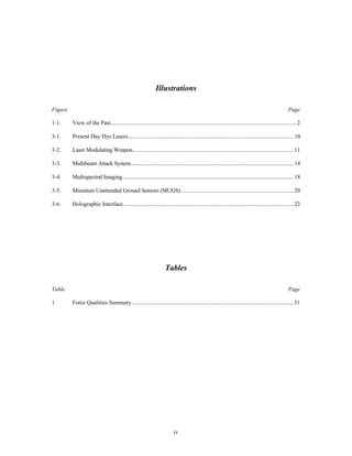 Illustrations 
Figure Page 
1-1. View of the Past..................................................................................................................................2 
3-1. Present Day Dye Lasers....................................................................................................................10 
3-2. Laser Modulating Weapon................................................................................................................11 
3-3. Multibeam Attack System .................................................................................................................14 
3-4. Multispectral Imaging.......................................................................................................................18 
3-5. Miniature Unattended Ground Sensors (MUGS)...............................................................................20 
3-6. Holographic Interface.......................................................................................................................22 
Tables 
Table Page 
1 Force Qualities Summary .................................................................................................................31 
iv 
 