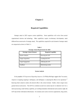 Chapter 2 
Required Capabilities 
Strategic attack in 2025 requires certain capabilities. Some capabilities will evolve from current 
organizational doctrine and technology. Other capabilities require revolutionary developments, much 
different from current tools of strategic attack. The capabilities required for each element of strategic attack 
5 
are categorized as shown in Table 2-1. 
Table 1 
Strategic Attack Requirements for 2025 
Strategic Attack Element Required Capability 
System Analysis Knowing the LOV 
Target Acquisition Locating the LOV 
Target Engagement Affecting the LOV 
Feedback Determining results 
System Analysis 
In his pamphlet 10 Propositions Regarding Airpower, Col Phillip Meilinger suggests that “In essence, 
Airpower is targeting, targeting is intelligence, and intelligence is analyzing the effects of air operations.”1 
Knowing what to attack to achieve the desired effect is the critical element. Further, what to target varies 
greatly between adversaries. The LOV for a textbook second wave nation may be its industrial web. For a 
nation possessing a small military capability, yet wielding tremendous informational and economic might, the 
LOV may be their information infrastructure. For nonstate actors such as terrorist organizations, drug cartels, 
 