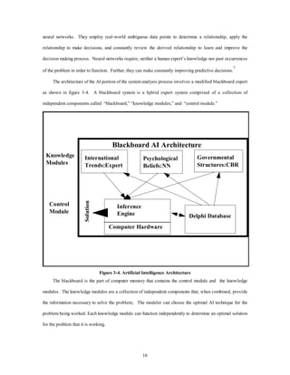 neural networks. They employ real-world ambiguous data points to determine a relationship, apply the 
relationship to make decisions, and constantly review the derived relationship to learn and improve the 
decision making process. Neural networks require, neither a human expert’s knowledge nor past occurrences 
of the problem in order to function. Further, they can make constantly improving predictive decisions.7 
The architecture of the AI portion of the system analysis process involves a modified blackboard expert 
as shown in figure 3-4. A blackboard system is a hybrid expert system comprised of a collection of 
independent components called “blackboard,” “knowledge modules,” and “control module.” 
Psychological 
Beliefs:NN 
16 
Delphi Database 
International 
Trends:Expert 
Inference 
Engine 
Computer Hardware 
Governmental 
Structures:CBR 
Knowledge 
Modules 
Control 
Module 
Blackboard AI Architecture 
Solution 
Figure 3-4. Artificial Intelligence Architecture 
The blackboard is the part of computer memory that contains the control module and the knowledge 
modules. The knowledge modules are a collection of independent components that, when combined, provide 
the information necessary to solve the problem;. The modeler can choose the optimal AI technique for the 
problem being worked. Each knowledge module can function independently to determine an optimal solution 
for the problem that it is working. 
 