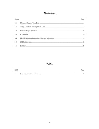 Illustrations 
Figure Page 
1-1. Close Air Support Task Loop.............................................................................................................2 
3-1. Target Detection Tasking in CAS Loop..............................................................................................8 
3-2. BiStatic Target Detection .................................................................................................................11 
3-3. C4I Network......................................................................................................................................19 
3-4. Flexible Munition Production Pallet and Subsystem.........................................................................28 
3-5. FM Multiple Uses.............................................................................................................................29 
4-1. Battlenet............................................................................................................................................33 
Tables 
Table Page 
1 Recommended Research Areas ........................................................................................................38 
iv 
 