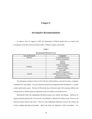 Chapter 5 
Investigative Recommendations 
To improve close air support in 2025, the Department of Defense should focus its research and 
investigation on the three main areas listed in table 1: battlenet, weapons, and aircraft. 
Table 1 
Recommended Research Areas 
Area for Research Component 
Battlenet Combat Identification 
38 
Controls and Displays 
Sensors 
Datalinks 
Artificial Intelligence 
Weapons Stand-off Range 
Terminal Guidance 
Non Lethal 
Flexible Configuration 
Aircraft Uninhabited Aerospace Vehicles 
Situational Awareness 
Performance/Survivability 
The information revolution comes to CAS in the form of the battlenet, a network of sensors, computers, 
communications, and displays. The most important element for development within the battlenet is a reliable 
combat identification system. The lack of CID and the fear of fratricide make CAS extremely difficult, and 
training intensive, and they generate employment tactics not conducive to aircraft survival. 
Modeling the battle and manipulating information-require new controls and displays. Hardware for 
displays being developed in the civilian sector will probably be sufficient for military needs. However, the 
mission-essential software may not be. There are some fundamental differences between the military and 
civilian computer-operating environments. Speed and clarity are important in both environments. Five 
 