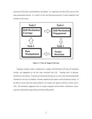 discussion of CAS and its current definitions and methods. It is important to note that CAS is just one of the 
many ground-attack missions. It is useful to review the following discussions of current capabilities and 
2 
limitations in this context. 
Task 3 
Task 2 
Task 4 
Kill-Mechanism 
Engagement 
Task 1 
Kill-Mechanism 
Carriage 
Data 
Manipulation 
Target 
Detection 
Figure 1-1. Close Air Support Task Loop 
Targeting, command, control, communications, computer, and information (C4I) data, kill mechanism 
carriage, and engagement are the four tasks associated with CAS. Targeting refers to detection, 
identification, and tracking. C4I permits prioritizing and directing our air assets while disseminating needed 
information to all levels of command. Currently, manned aircraft comprise our kill mechanism carriage. In 
the future air assets other than manned platforms will comprise the majority of delivery vehicles used in 
CAS. Kill mechanism engagement refers to weapon assignment, desired effects, initialization, release, 
acquisition, onboard processing, tracking, and fusing of the payload. 
 