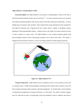 34 
Alpha Strikestar Transatmospheric Vehicle 
System Description. The Alpha Strikestar is envisioned as a transatmospheric vehicle (TAV) able to 
take off and land horizontally and enter into low earth orbit. 37 It is able to transition between air and space 
environments repeatedly during the same mission, based on the threat and mission requirements. It carries 
multiple types of weapons to meet any threat. These include kinetic energy antisatellite missiles designed for 
total physical destruction and a high–powered laser cannon which is capable of disrupting, denying, 
degrading, or destroying unfriendly satellites. Another mission is the capture of an enemy satellite for return 
to earth or transfer to a useless orbit. The Alpha Strikestar is also air/space-to-ground capable using 
precision guided weapons to take out hard targets anywhere in the world on short notice. The vehicle is 
equipped with self–protective measures, as well as an imaging capability for battle damage assessment. 
Figure 3-8. Alpha Strikestar TAV. 
Concept of Operations. Alpha Strikestar can be scrambled to react to a crisis anywhere in the world 
on a moment’s notice. Orbital insertion planning is preloaded into the weapons system computer to assist the 
pilot in proper positioning, target acquisition, and target engagement. For ground targets, mission planners 
will determine best application of weapons load (space or air delivered). The vehicle is flexible enough to 
enter low earth orbit en route to a ground target, reenter the atmosphere to deliver ordnance, then return to 
 