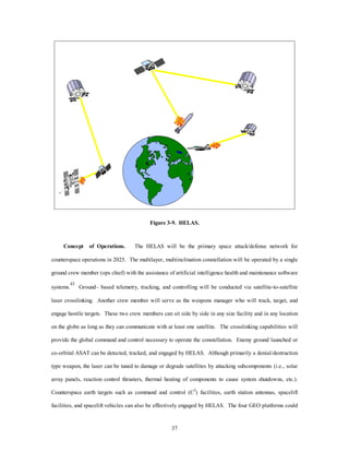 Figure 3-9. HELAS. 
Concept of Operations. The HELAS will be the primary space attack/defense network for 
counterspace operations in 2025. The multilayer, multiinclination constellation will be operated by a single 
ground crew member (ops chief) with the assistance of artificial intelligence health and maintenance software 
systems.43 Ground– based telemetry, tracking, and controlling will be conducted via satellite-to-satellite 
laser crosslinking. Another crew member will serve as the weapons manager who will track, target, and 
engage hostile targets. These two crew members can sit side by side in any size facility and in any location 
on the globe as long as they can communicate with at least one satellite. The crosslinking capabilities will 
provide the global command and control necessary to operate the constellation. Enemy ground launched or 
co-orbital ASAT can be detected, tracked, and engaged by HELAS. Although primarily a denial/destruction 
type weapon, the laser can be tuned to damage or degrade satellites by attacking subcomponents (i.e., solar 
array panels, reaction control thrusters, thermal heating of components to cause system shutdowns, etc.). 
Counterspace earth targets such as command and control (C2) facilities, earth station antennas, spacelift 
facilities, and spacelift vehicles can also be effectively engaged by HELAS. The four GEO platforms could 
37 
 