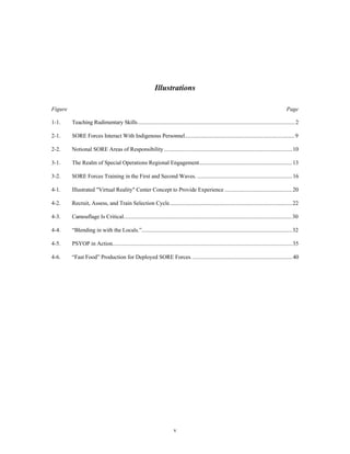 Illustrations 
Figure Page 
1-1. Teaching Rudimentary Skills..............................................................................................................2 
2-1. SORE Forces Interact With Indigenous Personnel..............................................................................9 
2-2. Notional SORE Areas of Responsibility ..........................................................................................10 
3-1. The Realm of Special Operations Regional Engagement..................................................................13 
3-2. SORE Forces Training in the First and Second Waves. ...................................................................16 
4-1. Illustrated "Virtual Reality" Center Concept to Provide Experience ................................................20 
4-2. Recruit, Assess, and Train Selection Cycle......................................................................................22 
4-3. Camouflage Is Critical......................................................................................................................30 
4-4. “Blending in with the Locals.”..........................................................................................................32 
4-5. PSYOP in Action..............................................................................................................................35 
4-6. “Fast Food” Production for Deployed SORE Forces. ......................................................................40 
v 
 