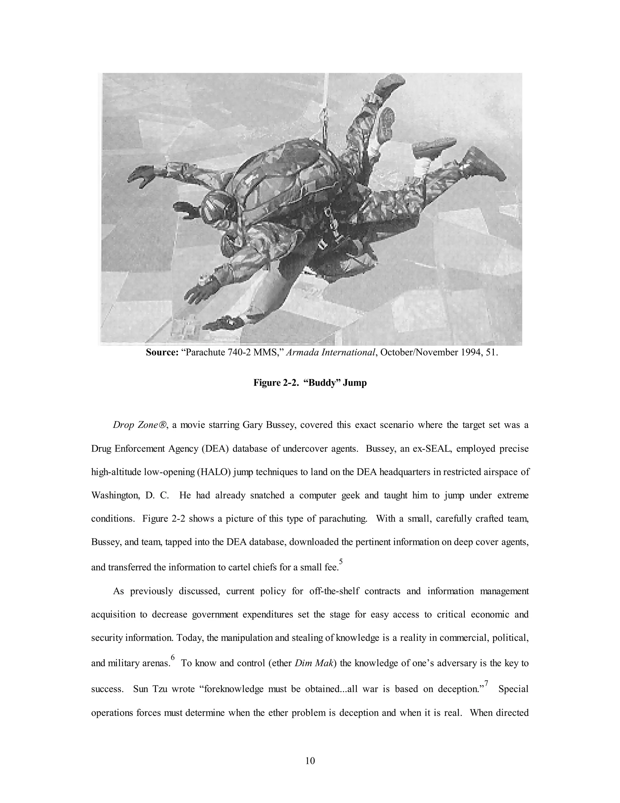 Source: “Parachute 740-2 MMS,” Armada International, October/November 1994, 51. 
Figure 2-2. “Buddy” Jump 
Drop ZoneÒ, a movie starring Gary Bussey, covered this exact scenario where the target set was a 
Drug Enforcement Agency (DEA) database of undercover agents. Bussey, an ex-SEAL, employed precise 
high-altitude low-opening (HALO) jump techniques to land on the DEA headquarters in restricted airspace of 
Washington, D. C. He had already snatched a computer geek and taught him to jump under extreme 
conditions. Figure 2-2 shows a picture of this type of parachuting. With a small, carefully crafted team, 
Bussey, and team, tapped into the DEA database, downloaded the pertinent information on deep cover agents, 
and transferred the information to cartel chiefs for a small fee.5 
As previously discussed, current policy for off-the-shelf contracts and information management 
acquisition to decrease government expenditures set the stage for easy access to critical economic and 
security information. Today, the manipulation and stealing of knowledge is a reality in commercial, political, 
and military arenas.6 To know and control (ether Dim Mak) the knowledge of one’s adversary is the key to 
success. Sun Tzu wrote “foreknowledge must be obtained...all war is based on deception.”7 Special 
operations forces must determine when the ether problem is deception and when it is real. When directed 
10 
 