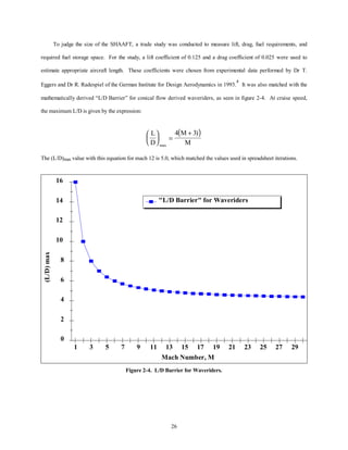 To judge the size of the SHAAFT, a trade study was conducted to measure lift, drag, fuel requirements, and 
required fuel storage space. For the study, a lift coefficient of 0.125 and a drag coefficient of 0.025 were used to 
estimate appropriate aircraft length. These coefficients were chosen from experimental data performed by Dr T. 
Eggers and Dr R. Radespiel of the German Institute for Design Aerodynamics in 1993.4 It was also matched with the 
mathematically derived “L/D Barrier” for conical flow derived waveriders, as seen in figure 2-4. At cruise speed, 
L/D Barrier for Waveriders 
26 
the maximum L/D is given by the expression: 
L ( M 
) 
D 
M 
æè ç 
öø 
÷ = 
+ 
max 
4 3) 
The (L/D)max value with this equation for mach 12 is 5.0, which matched the values used in spreadsheet iterations. 
16 
14 
12 
10 
8 
6 
4 
2 
0 
(L/D) max 
1 3 5 7 9 11 13 15 17 19 21 23 25 27 29 
Mach Number, M 
Figure 2-4. L/D Barrier for Waveriders. 
 