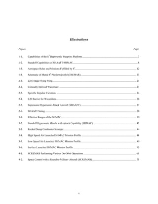 Illustrations 
Figure Page 
1-1. Capabilities of the S3 Hypersonic Weapons Platform....................................................................................... 3 
1-2. Standoff Capabilities of SHAAFT/SHMAC..................................................................................................... 8 
1-3. Aerospace Roles and Missions Fulfilled by S3............................................................................................... 12 
1-4. Schematic of Mated S3 Platform (with SCREMAR)....................................................................................... 13 
2-1. Zero-Stage Flying Wing.................................................................................................................................. 21 
2-2. Conically Derived Waverider. ....................................................................................................................... 23 
2-3. Specific Impulse Variation. ............................................................................................................................ 24 
2-4. L/D Barrier for Waveriders............................................................................................................................ 26 
2-5. Supersonic/Hypersonic Attack Aircraft (SHAAFT)....................................................................................... 27 
2-6. SHAAFT Sizing.............................................................................................................................................. 28 
3-1. Effective Ranges of the SHMAC. ................................................................................................................... 39 
3-2. Standoff Hypersonic Missile with Attack Capability (SHMAC).................................................................... 42 
3-3. Rocket/Dump Combustor Scramjet................................................................................................................. 44 
3-4. High Speed Air Launched SHMAC Mission Profile. ..................................................................................... 48 
3-5. Low Speed Air Launched SHMAC Mission Profile....................................................................................... 49 
3-6. Surface Launched SHMAC Mission Profile. .................................................................................................. 50 
4-1. SCREMAR Performing Various On-Orbit Operations. .................................................................................. 69 
4-2. Space Control with a Reusable Military Aircraft (SCREMAR)..................................................................... 75 
v 
 