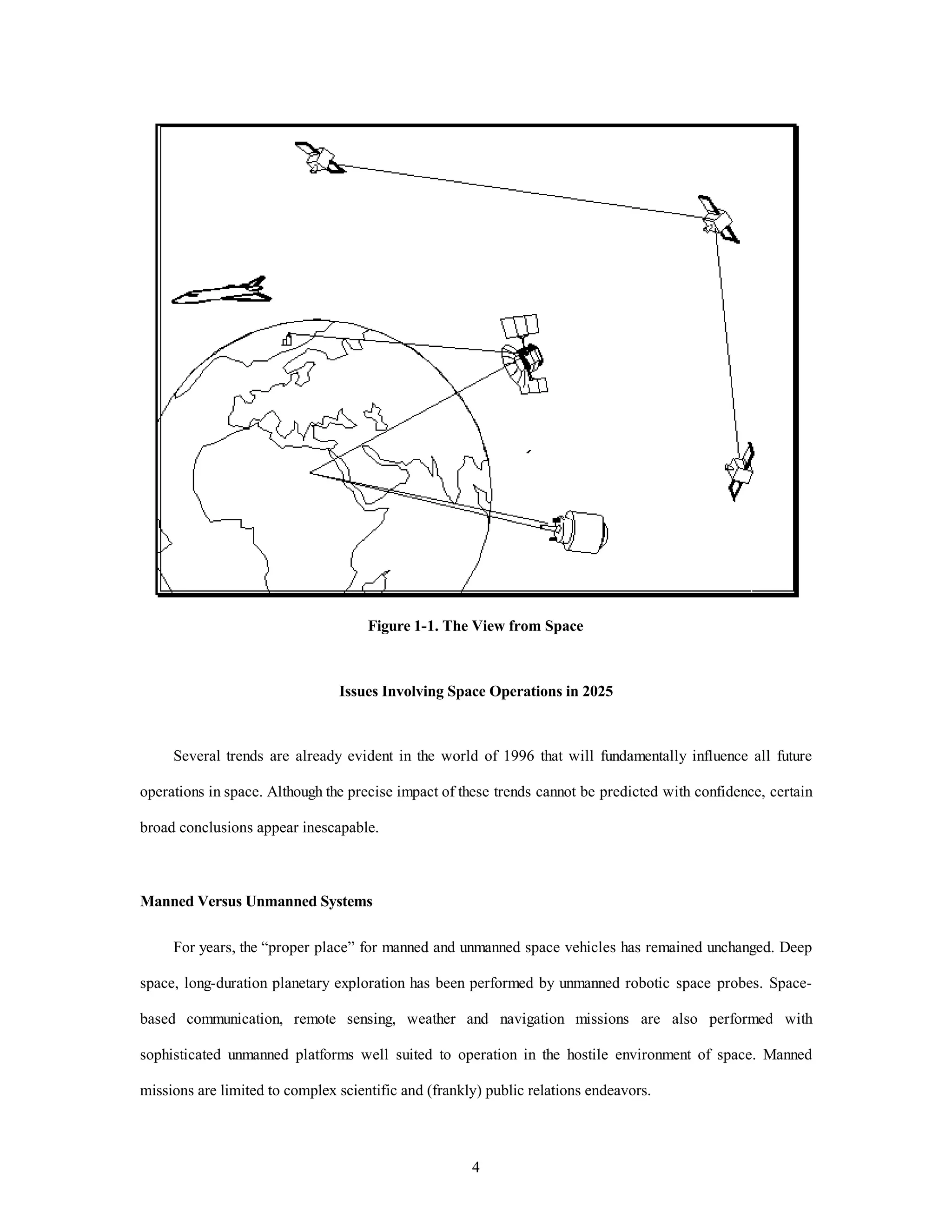 Figure 1-1. The View from Space 
Issues Involving Space Operations in 2025 
Several trends are already evident in the world of 1996 that will fundamentally influence all future 
operations in space. Although the precise impact of these trends cannot be predicted with confidence, certain 
4 
broad conclusions appear inescapable. 
Manned Versus Unmanned Systems 
For years, the “proper place” for manned and unmanned space vehicles has remained unchanged. Deep 
space, long-duration planetary exploration has been performed by unmanned robotic space probes. Space-based 
communication, remote sensing, weather and navigation missions are also performed with 
sophisticated unmanned platforms well suited to operation in the hostile environment of space. Manned 
missions are limited to complex scientific and (frankly) public relations endeavors. 
 