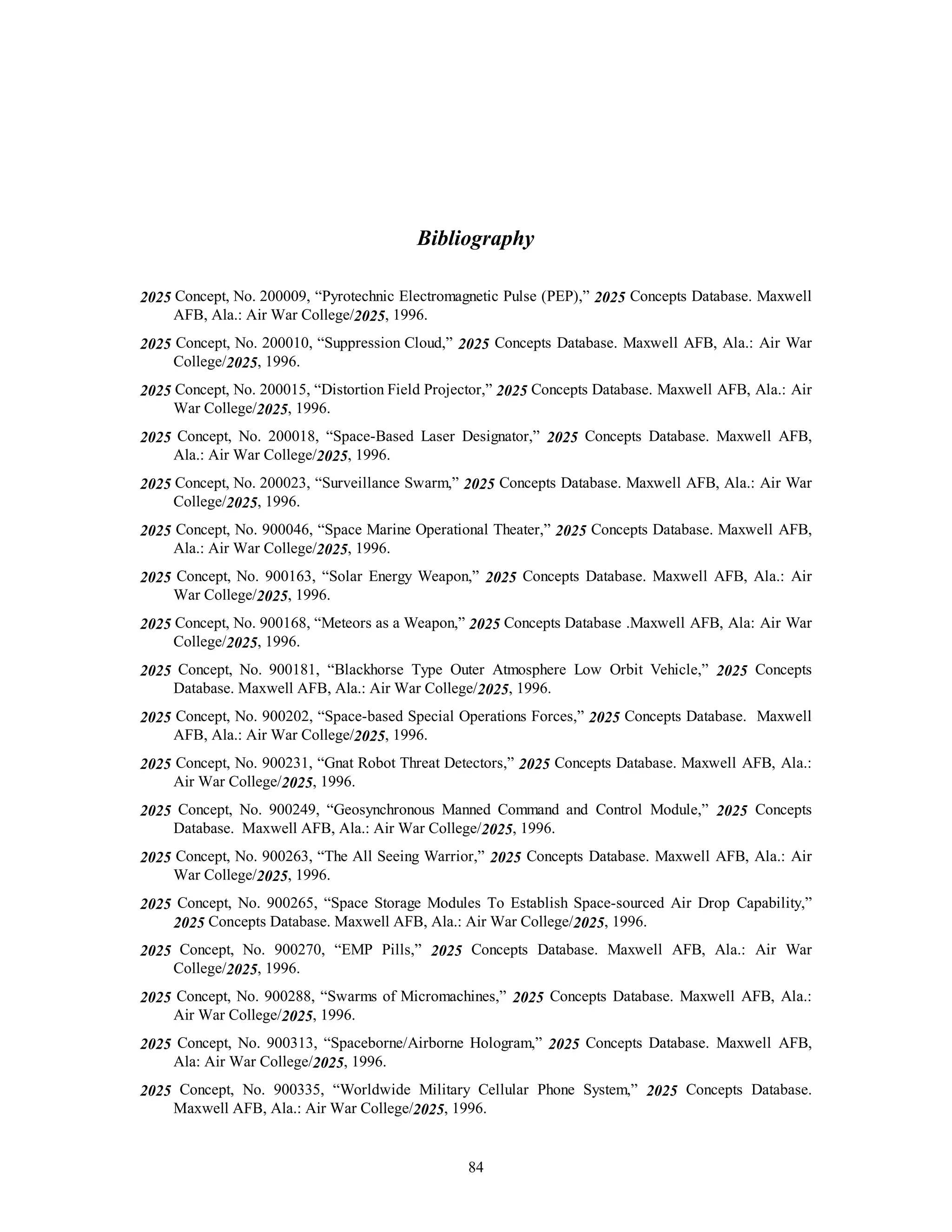 Bibliography 
2025 Concept, No. 200009, “Pyrotechnic Electromagnetic Pulse (PEP),” 2025 Concepts Database. Maxwell 
84 
AFB, Ala.: Air War College/2025, 1996. 
2025 Concept, No. 200010, “Suppression Cloud,” 2025 Concepts Database. Maxwell AFB, Ala.: Air War 
College/2025, 1996. 
2025 Concept, No. 200015, “Distortion Field Projector,” 2025 Concepts Database. Maxwell AFB, Ala.: Air 
War College/2025, 1996. 
2025 Concept, No. 200018, “Space-Based Laser Designator,” 2025 Concepts Database. Maxwell AFB, 
Ala.: Air War College/2025, 1996. 
2025 Concept, No. 200023, “Surveillance Swarm,” 2025 Concepts Database. Maxwell AFB, Ala.: Air War 
College/2025, 1996. 
2025 Concept, No. 900046, “Space Marine Operational Theater,” 2025 Concepts Database. Maxwell AFB, 
Ala.: Air War College/2025, 1996. 
2025 Concept, No. 900163, “Solar Energy Weapon,” 2025 Concepts Database. Maxwell AFB, Ala.: Air 
War College/2025, 1996. 
2025 Concept, No. 900168, “Meteors as a Weapon,” 2025 Concepts Database .Maxwell AFB, Ala: Air War 
College/2025, 1996. 
2025 Concept, No. 900181, “Blackhorse Type Outer Atmosphere Low Orbit Vehicle,” 2025 Concepts 
Database. Maxwell AFB, Ala.: Air War College/2025, 1996. 
2025 Concept, No. 900202, “Space-based Special Operations Forces,” 2025 Concepts Database. Maxwell 
AFB, Ala.: Air War College/2025, 1996. 
2025 Concept, No. 900231, “Gnat Robot Threat Detectors,” 2025 Concepts Database. Maxwell AFB, Ala.: 
Air War College/2025, 1996. 
2025 Concept, No. 900249, “Geosynchronous Manned Command and Control Module,” 2025 Concepts 
Database. Maxwell AFB, Ala.: Air War College/2025, 1996. 
2025 Concept, No. 900263, “The All Seeing Warrior,” 2025 Concepts Database. Maxwell AFB, Ala.: Air 
War College/2025, 1996. 
2025 Concept, No. 900265, “Space Storage Modules To Establish Space-sourced Air Drop Capability,” 
2025 Concepts Database. Maxwell AFB, Ala.: Air War College/2025, 1996. 
2025 Concept, No. 900270, “EMP Pills,” 2025 Concepts Database. Maxwell AFB, Ala.: Air War 
College/2025, 1996. 
2025 Concept, No. 900288, “Swarms of Micromachines,” 2025 Concepts Database. Maxwell AFB, Ala.: 
Air War College/2025, 1996. 
2025 Concept, No. 900313, “Spaceborne/Airborne Hologram,” 2025 Concepts Database. Maxwell AFB, 
Ala: Air War College/2025, 1996. 
2025 Concept, No. 900335, “Worldwide Military Cellular Phone System,” 2025 Concepts Database. 
Maxwell AFB, Ala.: Air War College/2025, 1996. 
 